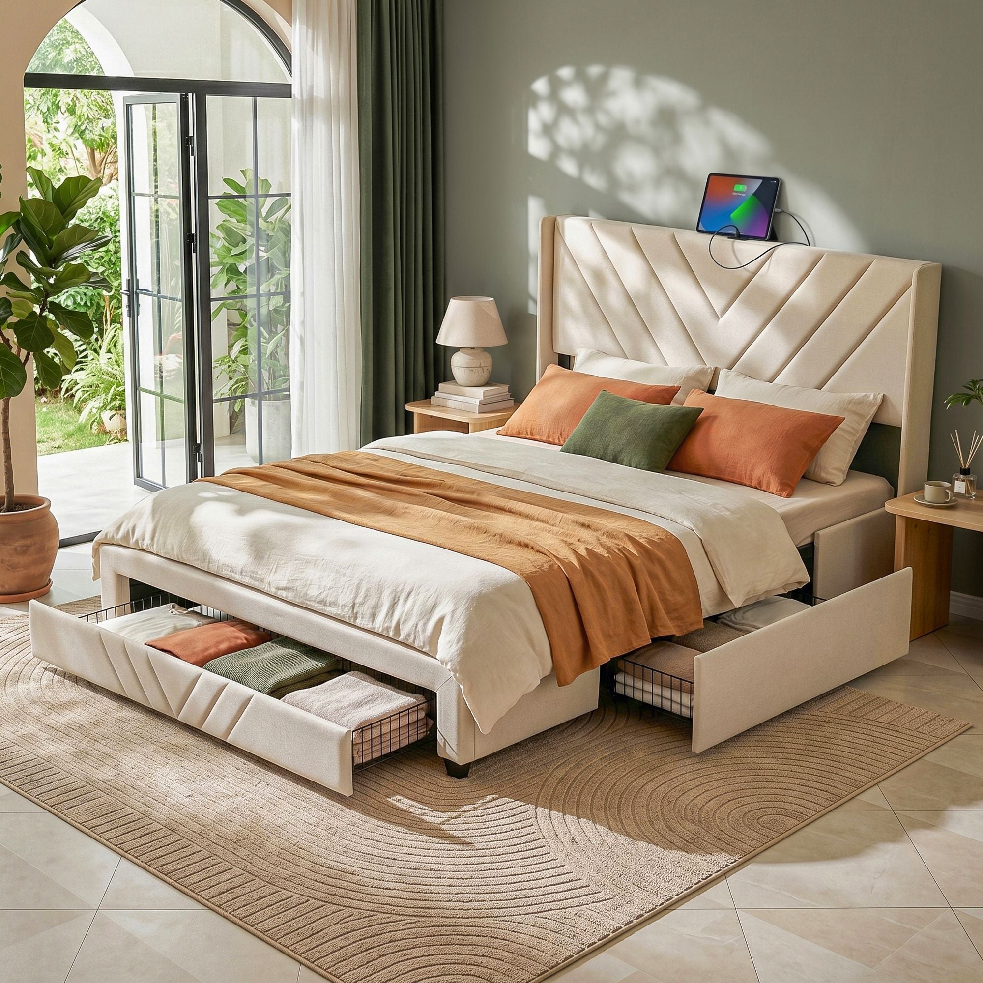 Queen Bed Frame with Charging Station and Storage Drawers - Beige