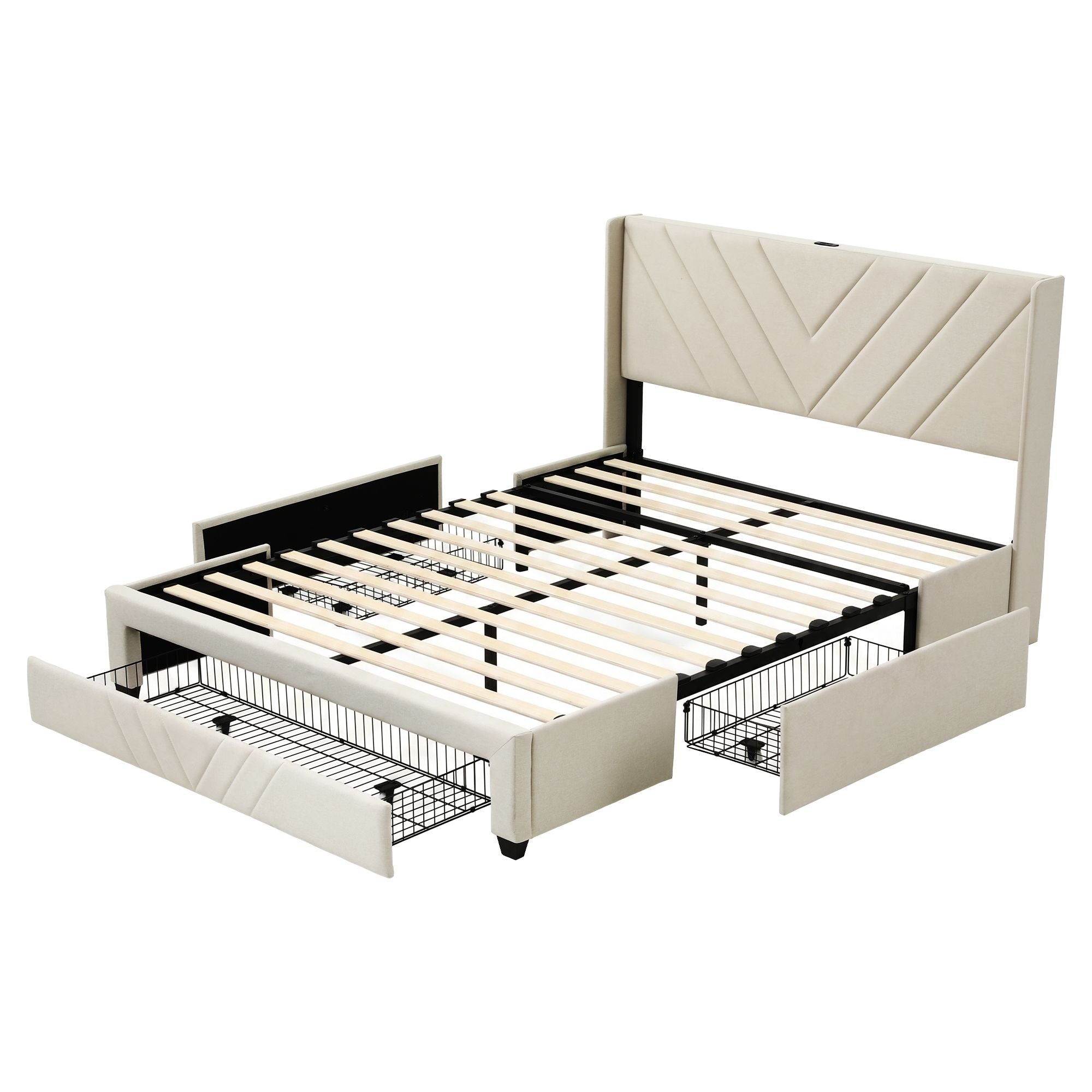 Queen Bed Frame with Charging Station and Storage Drawers - Beige