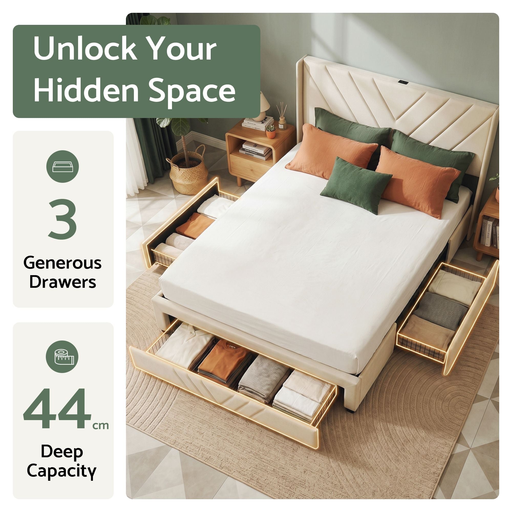 Queen Bed Frame with Charging Station and Storage Drawers - Beige