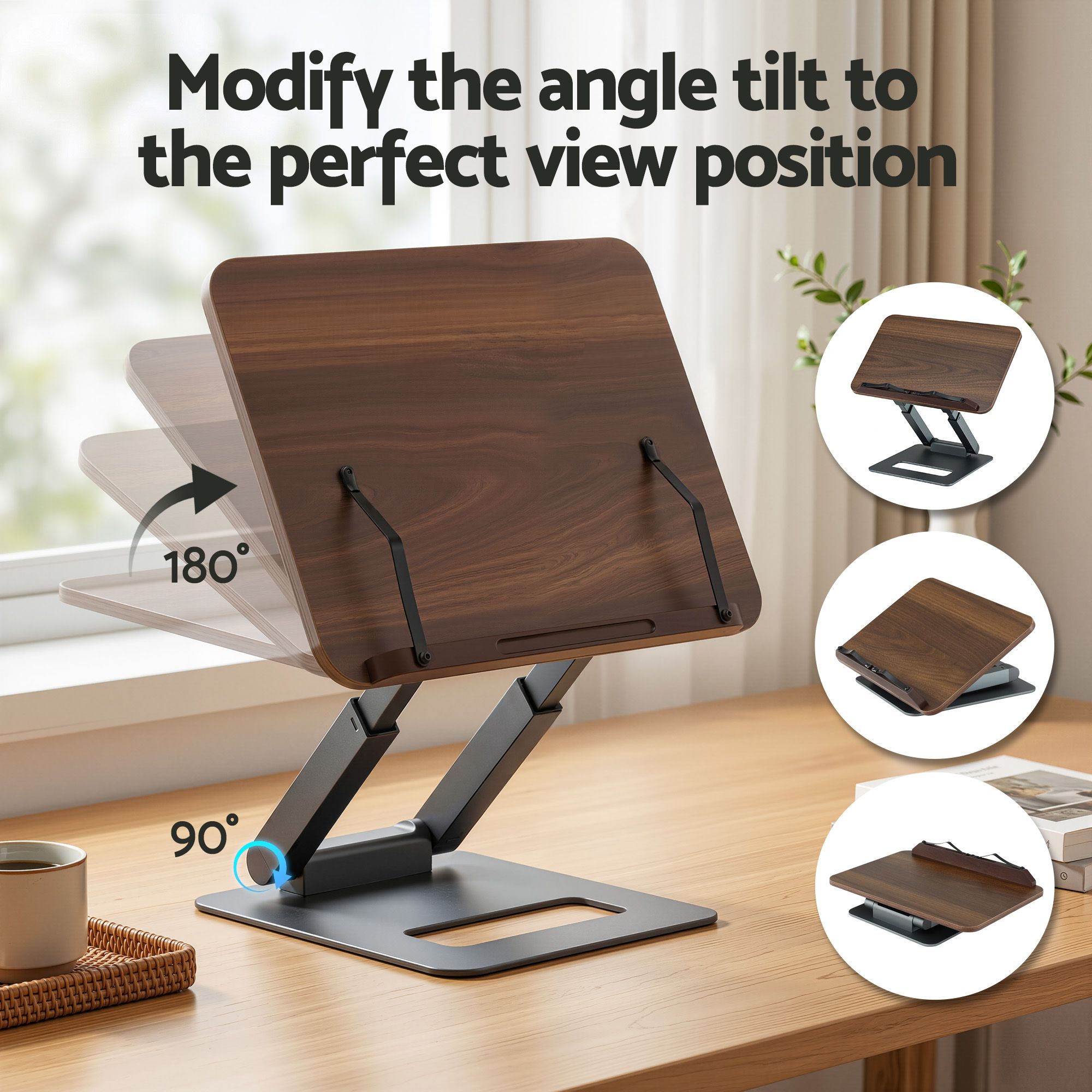 Telescopic Book Stand with Page Clip 34cm Wide Ergonomic Desktop Stand - Oak