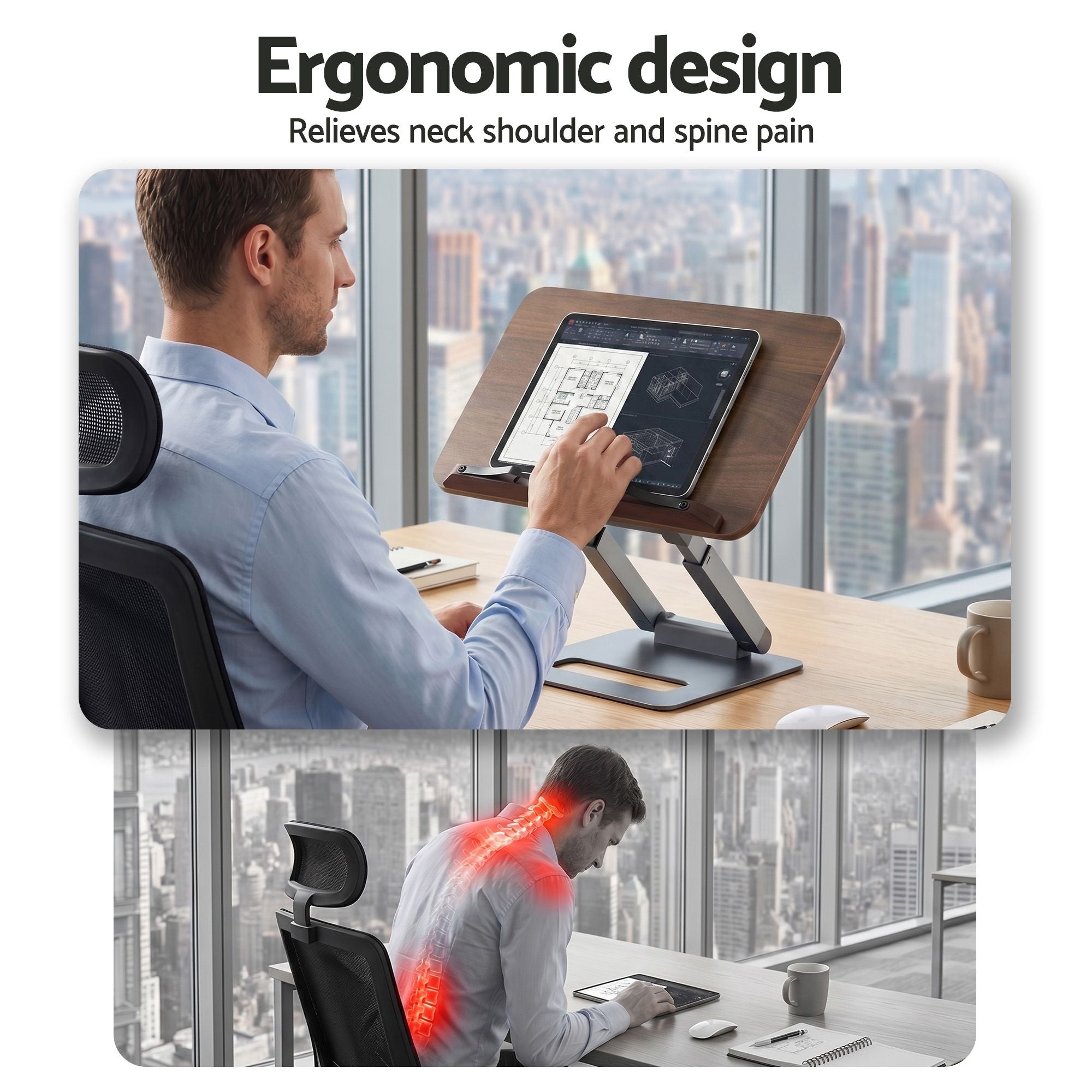 Telescopic Book Stand with Page Clip 34cm Wide Ergonomic Desktop Stand - Oak