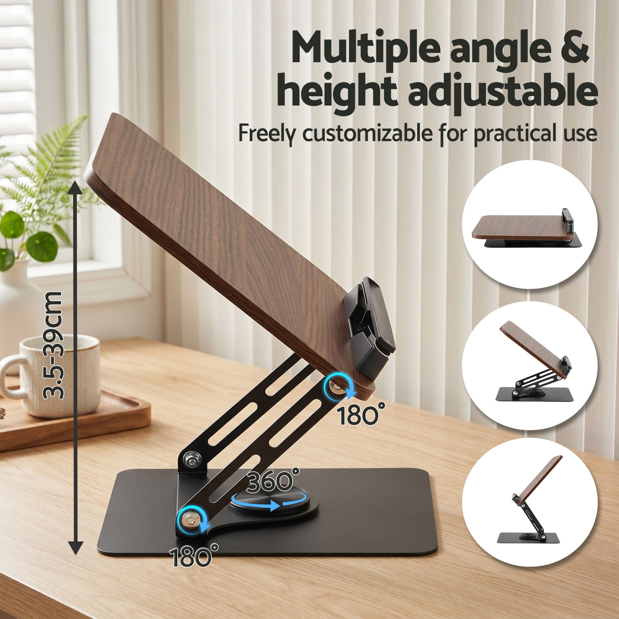 Adjustable Book Stand with 360 Degree Rotating Base and Page Clip Foldable Reading Holder