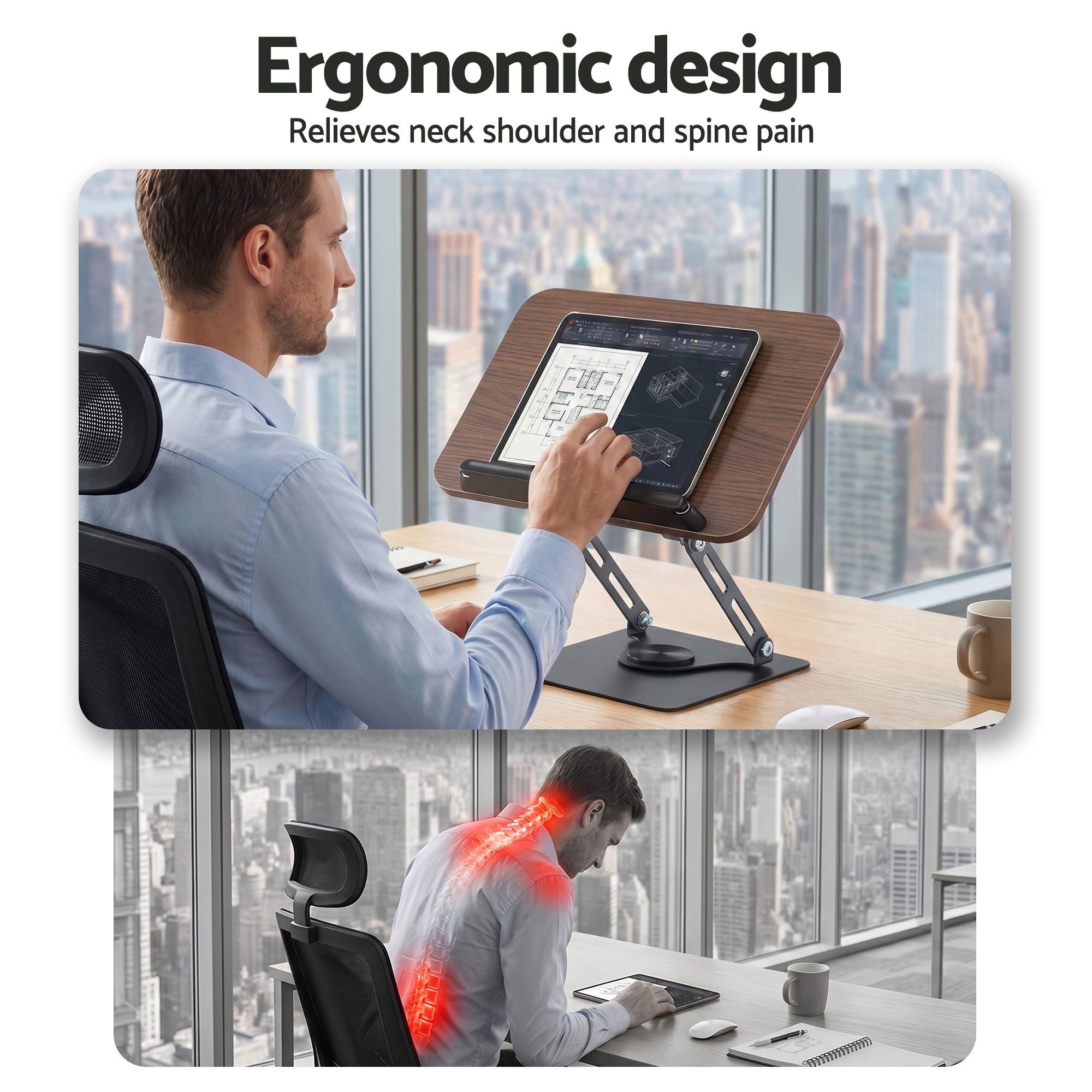 Adjustable Book Stand with 360 Degree Rotating Base and Page Clip Foldable Reading Holder