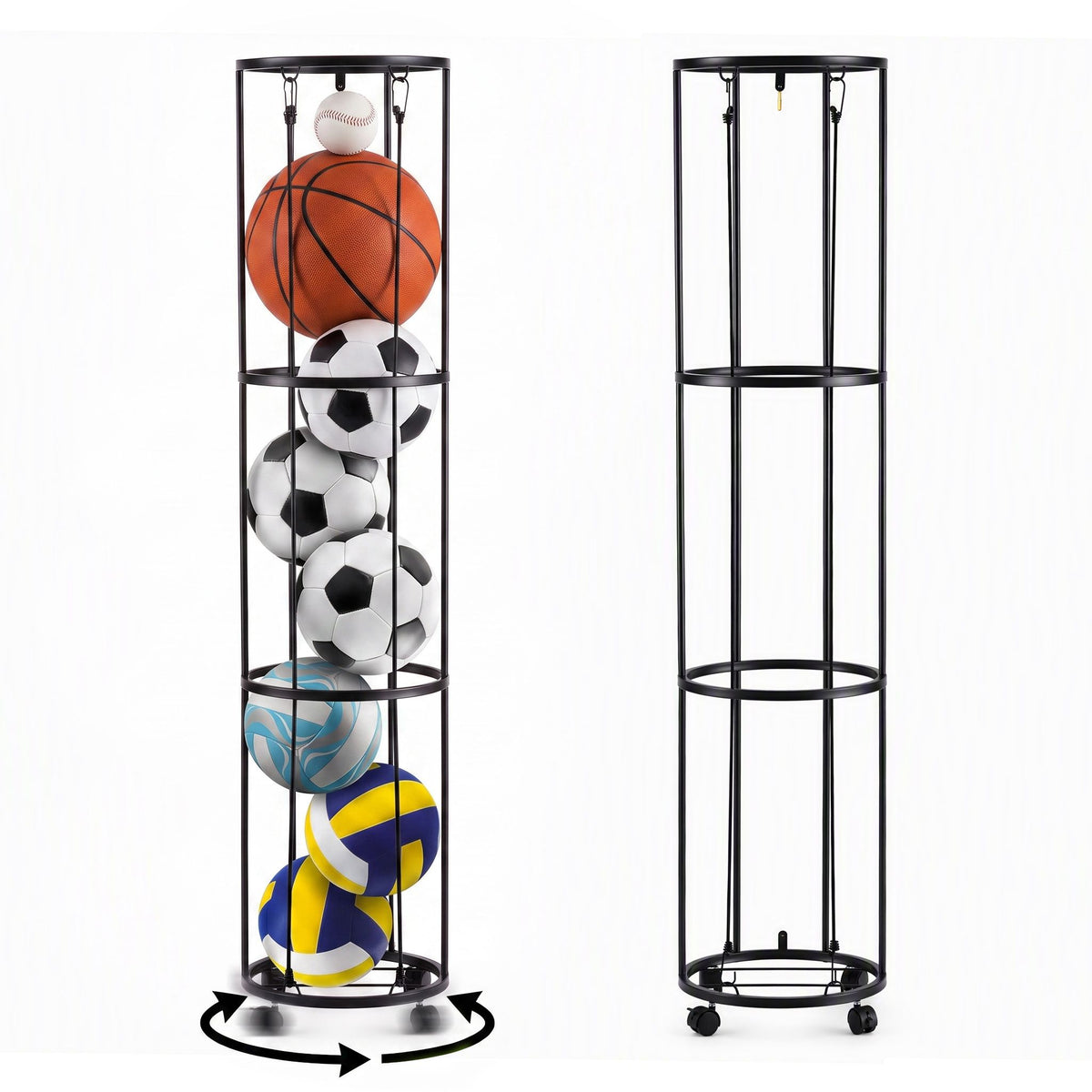 Vertical Ball Storage Rack with Wheels and 3-Tier Organiser - Black