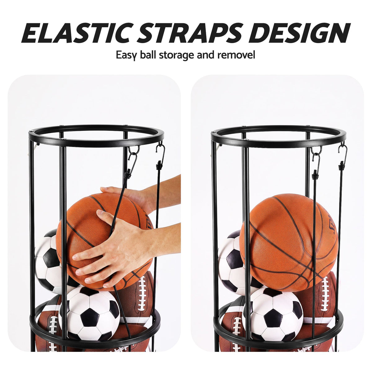 Vertical Ball Storage Rack with Wheels and 3-Tier Organiser - Black
