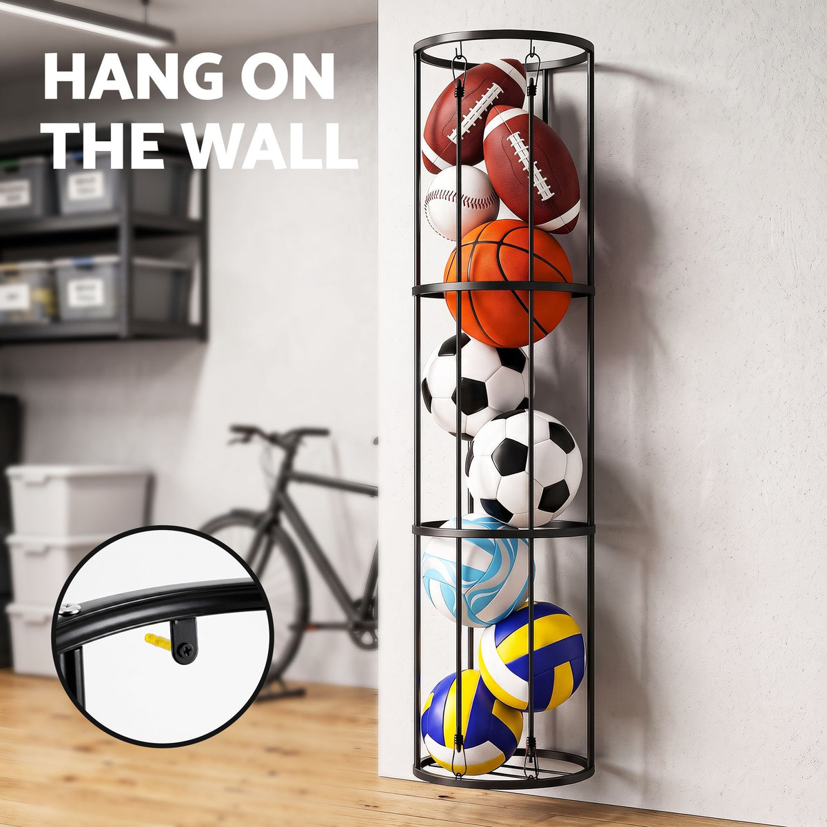 Vertical Ball Storage Rack with Wheels and 3-Tier Organiser - Black