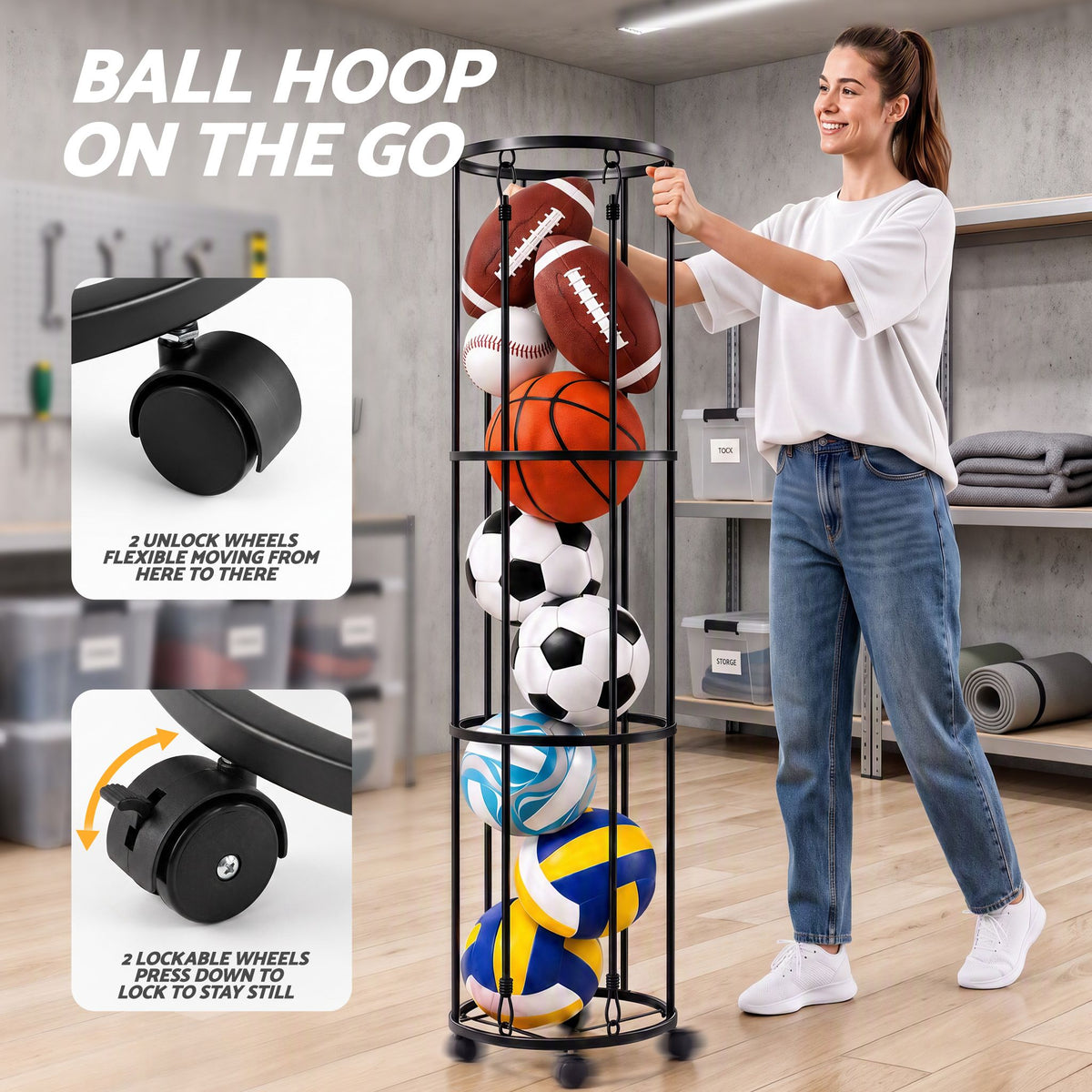 Vertical Ball Storage Rack with Wheels and 3-Tier Organiser - Black