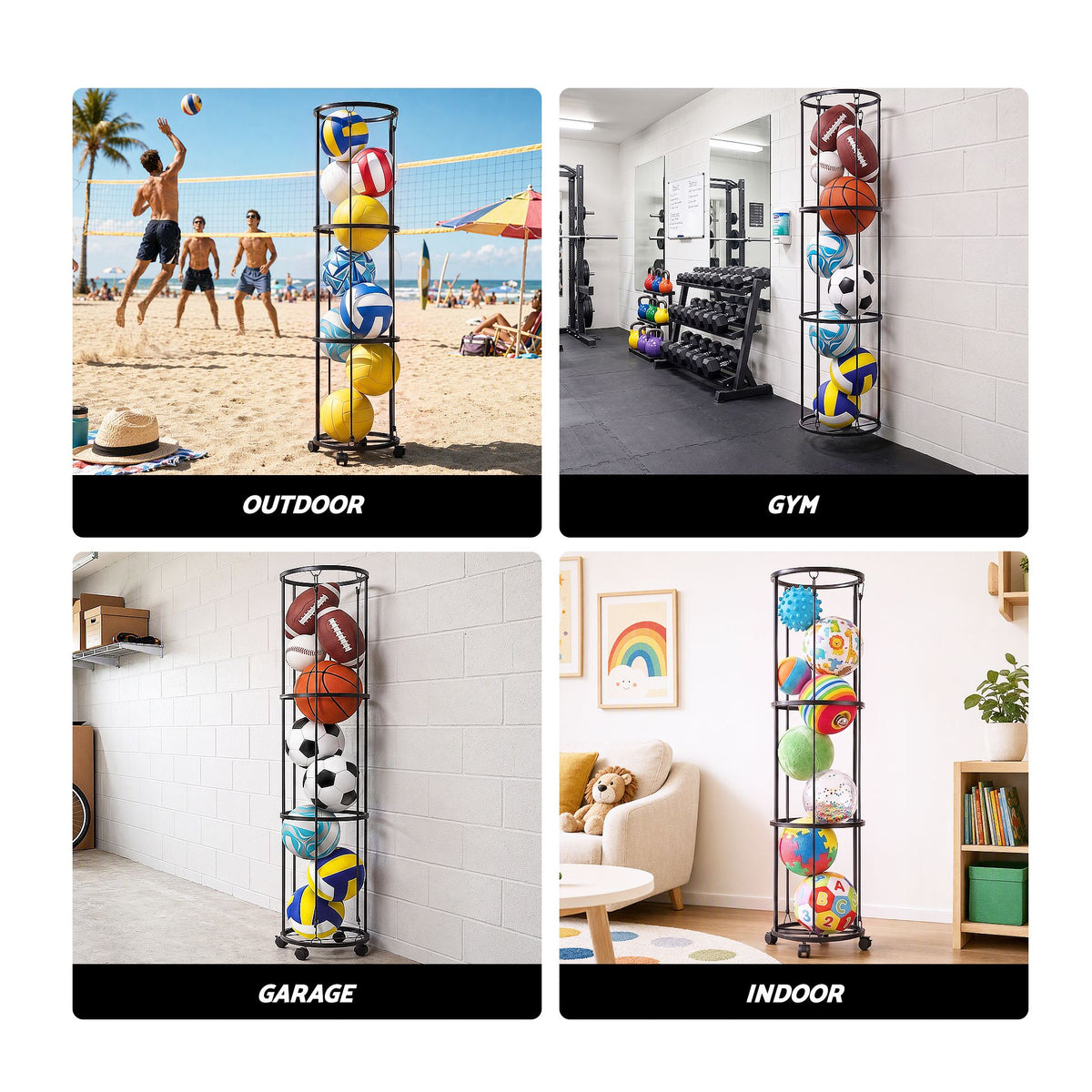 Vertical Ball Storage Rack with Wheels and 3-Tier Organiser - Black