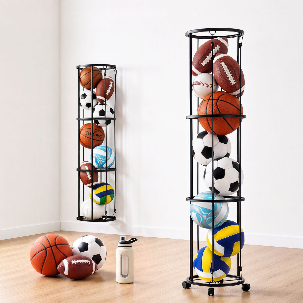 Vertical Ball Storage Rack with Wheels and 3-Tier Organiser - Black