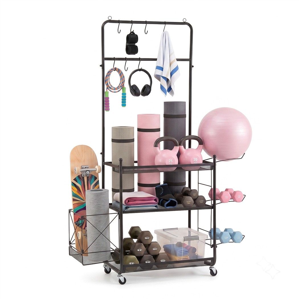 Yoga Mat Multifunction Ball Storage Cart Organizer Rack 145cm - Black
