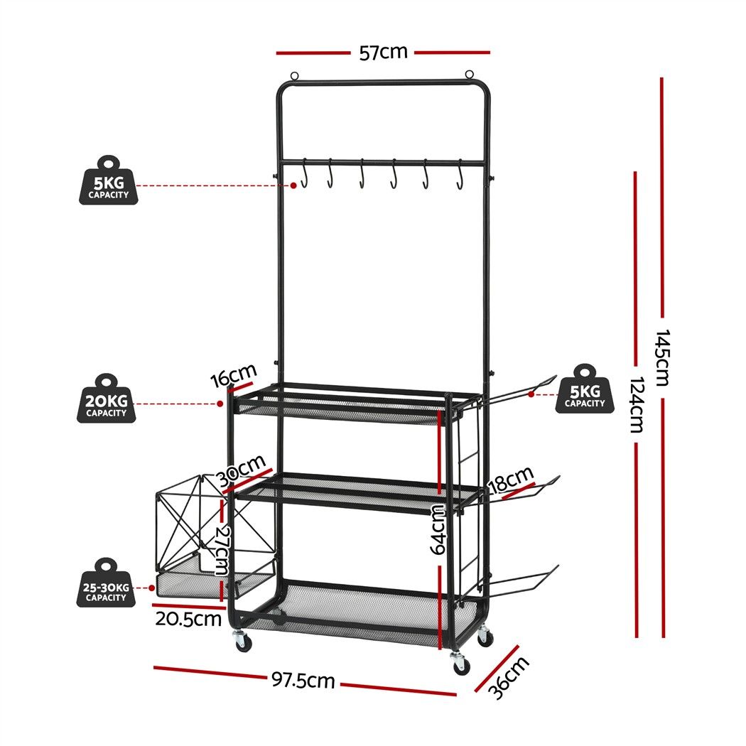 Yoga Mat Multifunction Ball Storage Cart Organizer Rack 145cm - Black