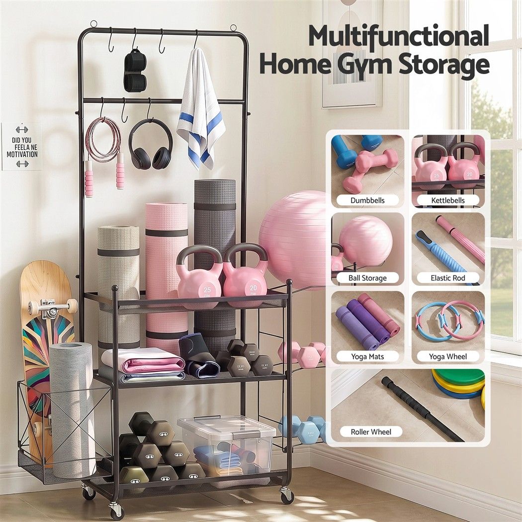Yoga Mat Multifunction Ball Storage Cart Organizer Rack 145cm - Black