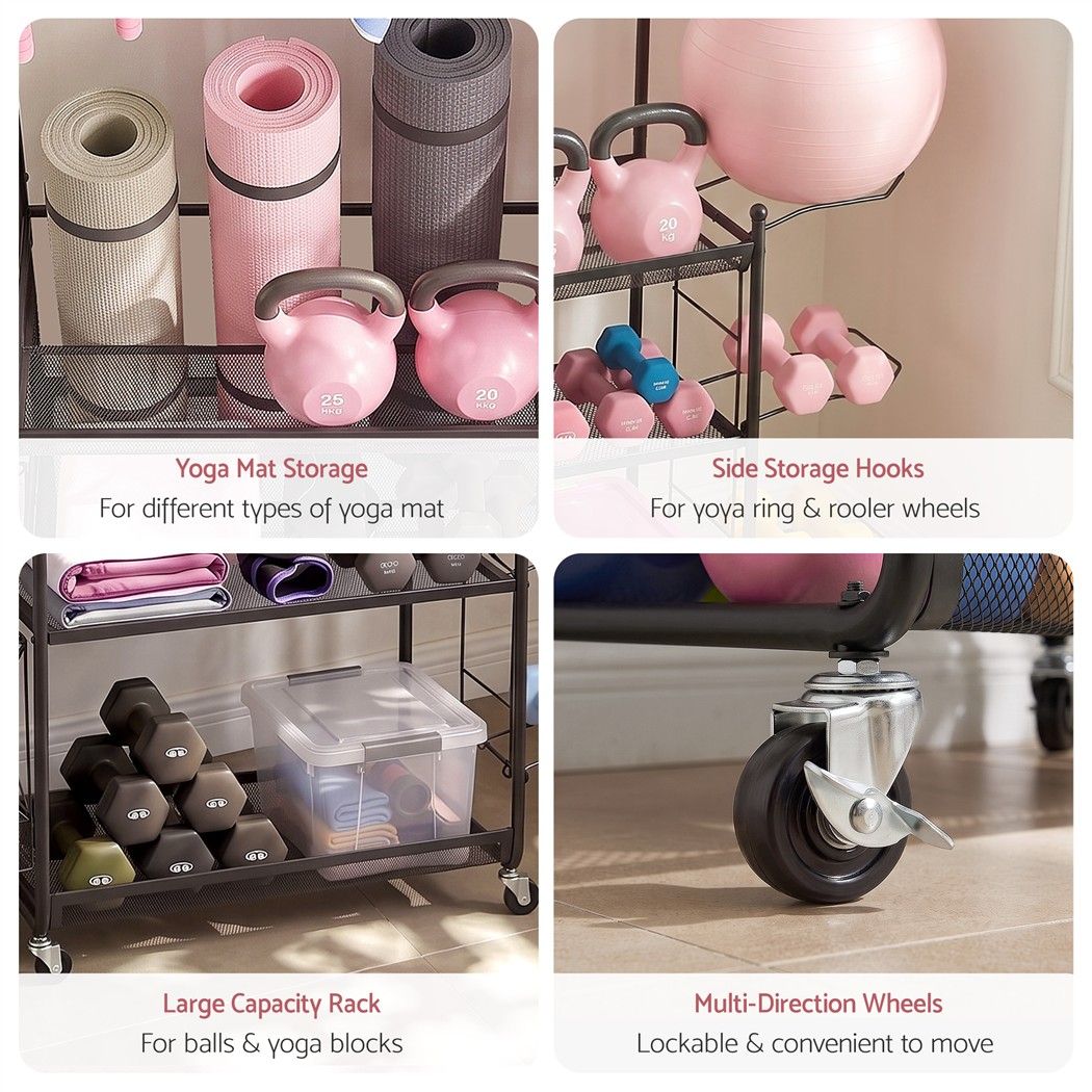Yoga Mat Multifunction Ball Storage Cart Organizer Rack 145cm - Black