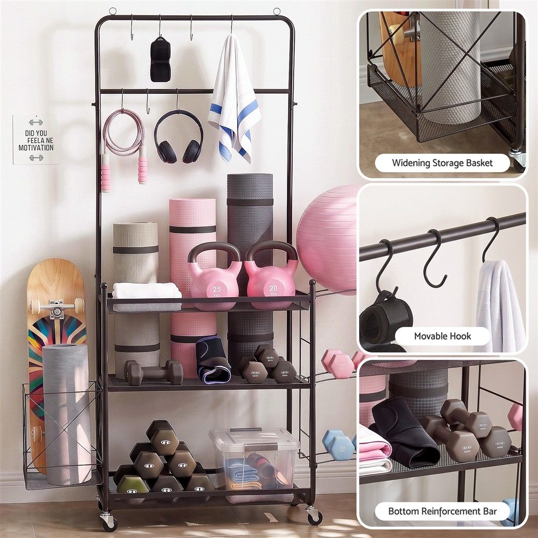 Yoga Mat Multifunction Ball Storage Cart Organizer Rack 145cm - Black