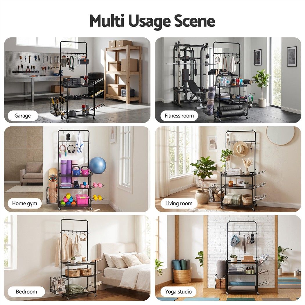 Yoga Mat Multifunction Ball Storage Cart Organizer Rack 145cm - Black