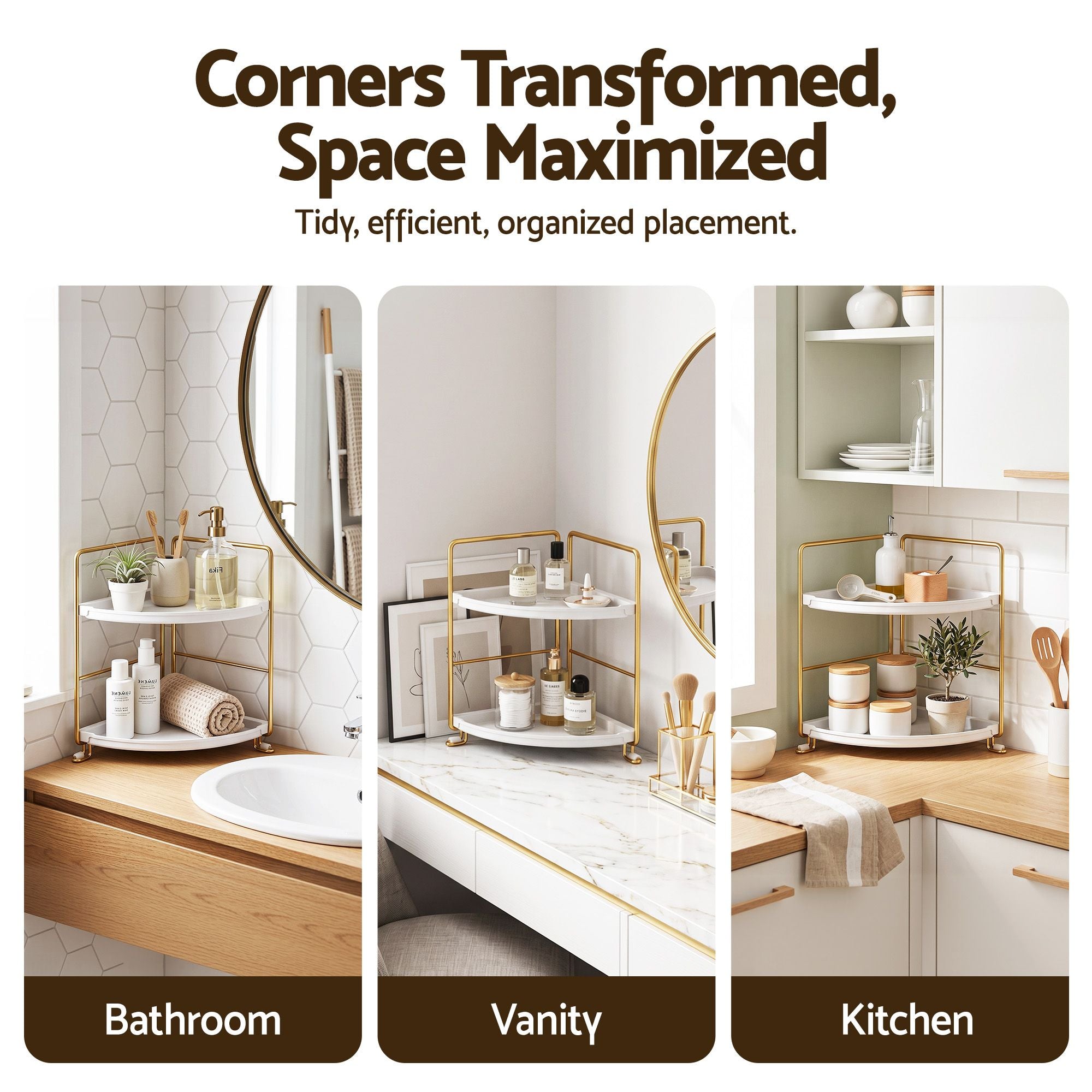 Bathroom Corner Shelf Countertop Organiser Vanity Storage Rack White Gold