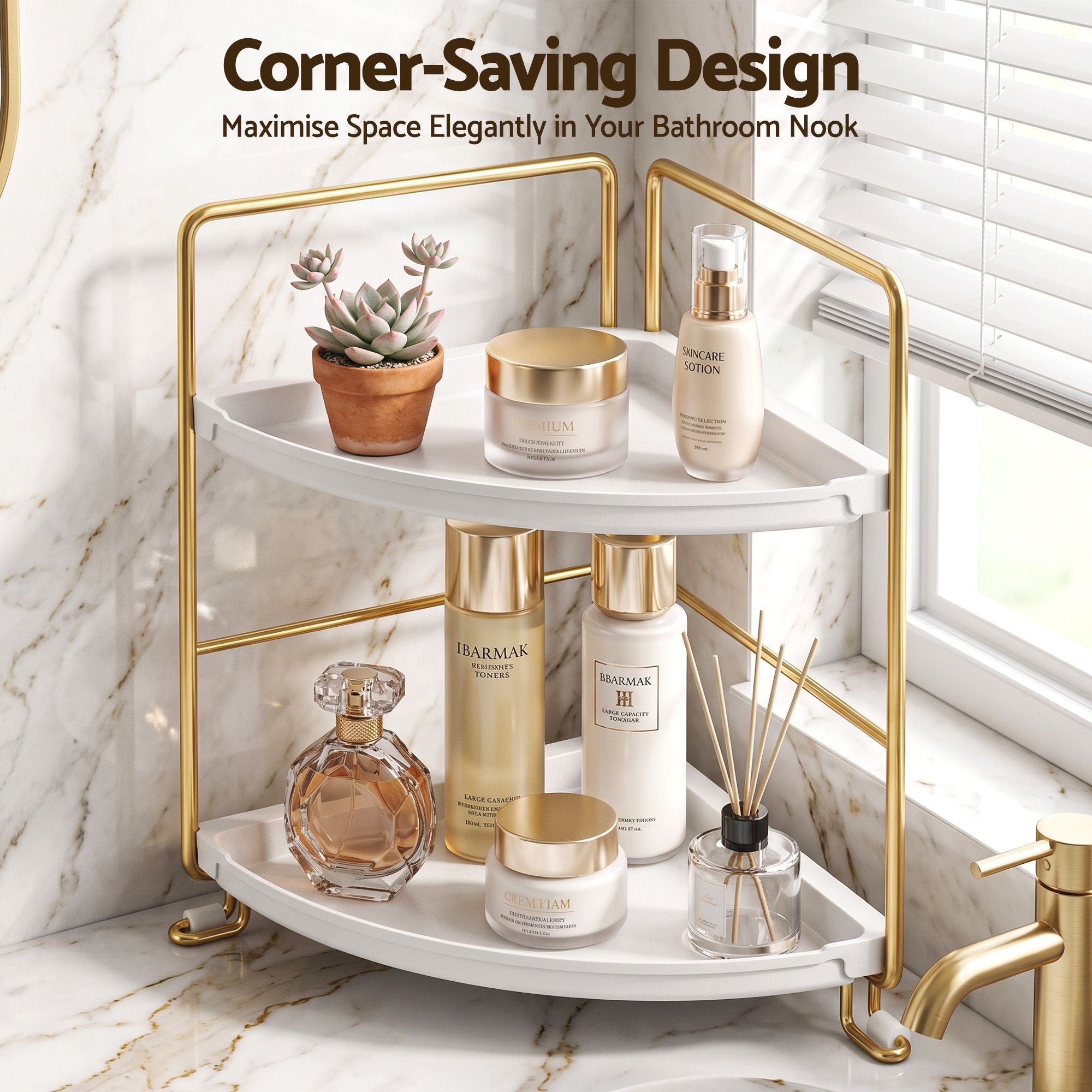 Bathroom Corner Shelf Countertop Organiser Vanity Storage Rack White Gold