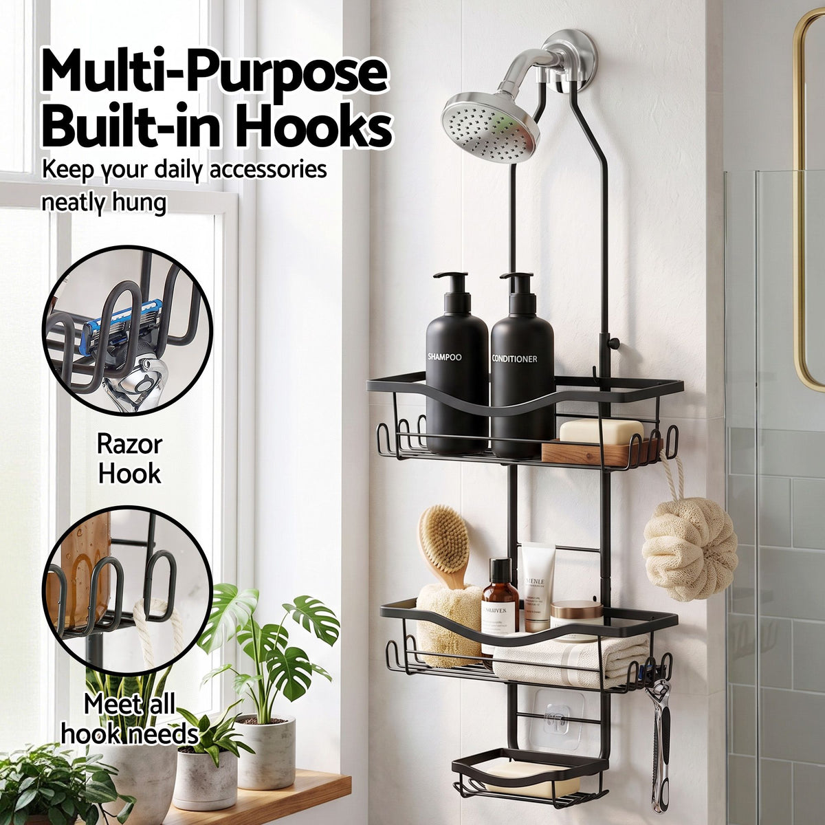 Shower Caddy Hanging Bathroom Organiser Over Head Black