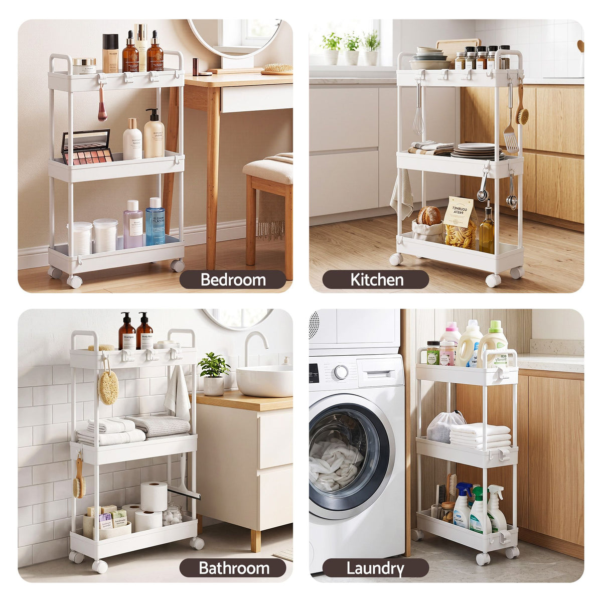 3 Tier Slim Storage Trolley Narrow Utility Organiser Rack - White