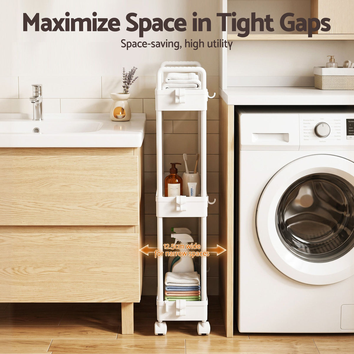 3 Tier Slim Storage Trolley Narrow Utility Organiser Rack - White