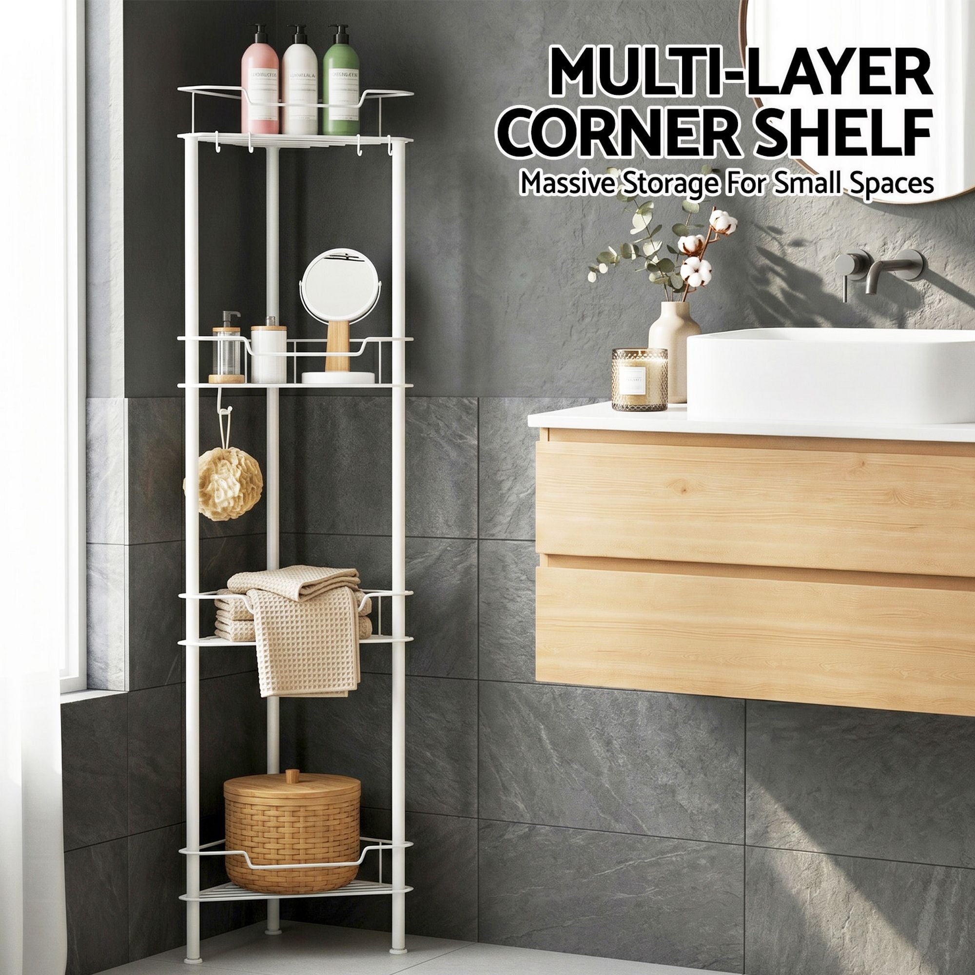 4 Tier Floor Standing Corner Shower Caddy Bathroom Organizer - White
