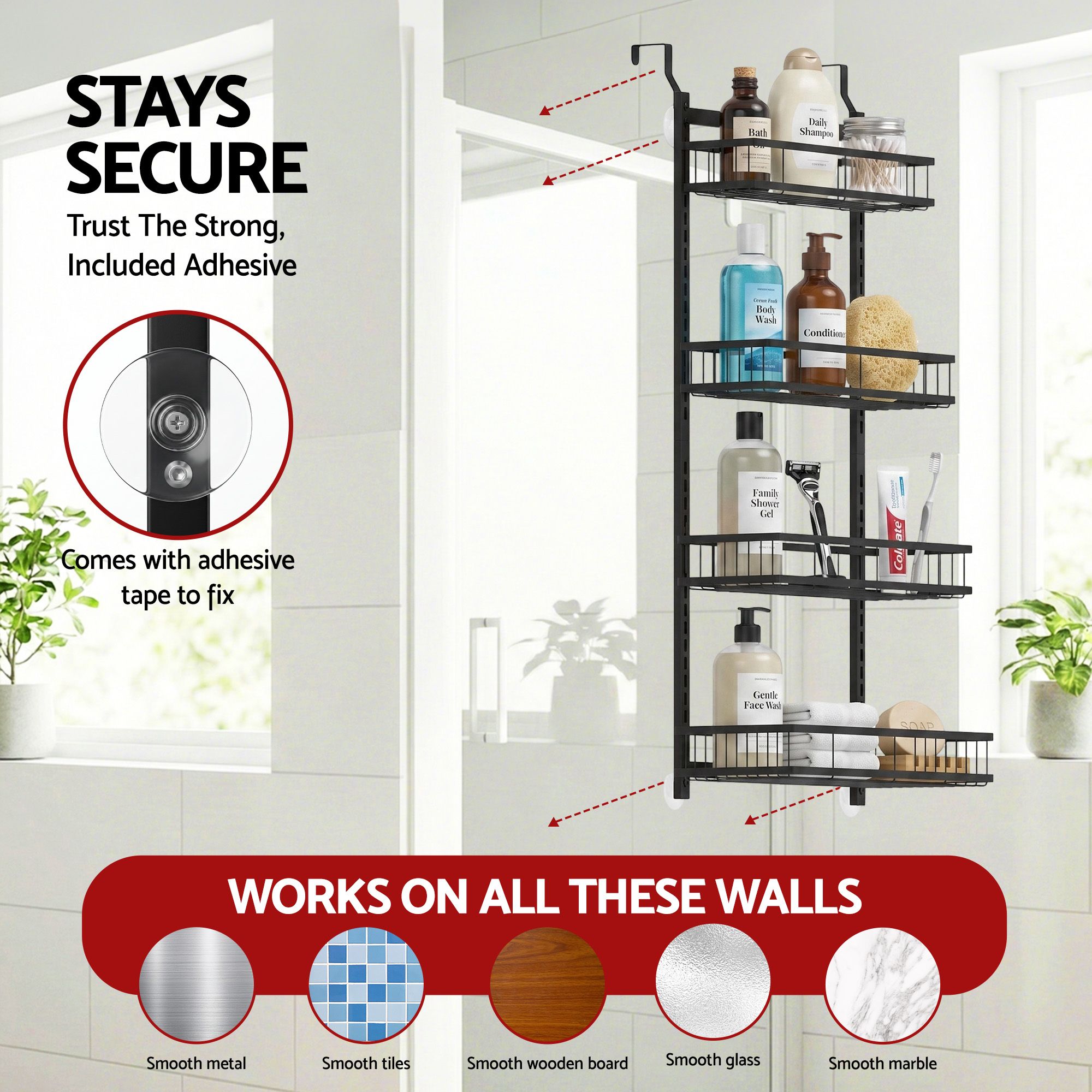 Over Door Bathroom Rack Hanging Organiser 4 Tier No Drill 91cm Black