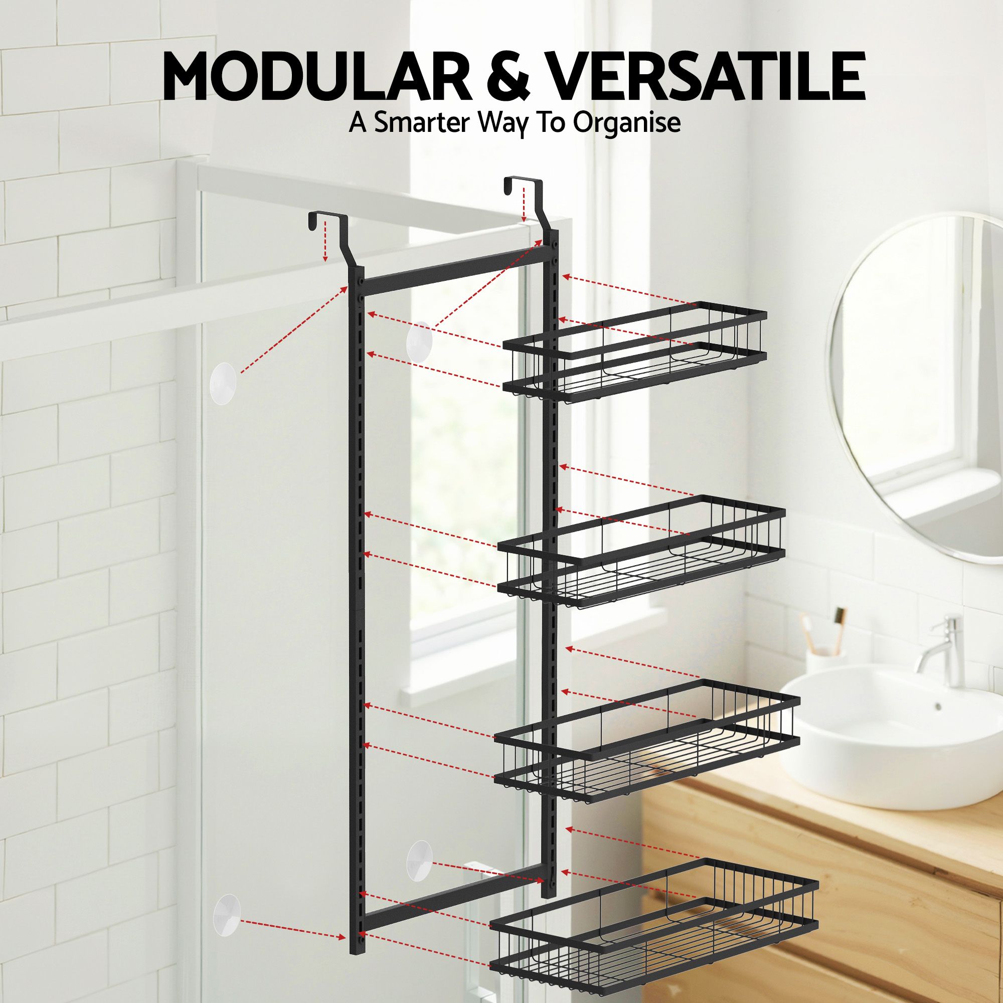 Over Door Bathroom Rack Hanging Organiser 4 Tier No Drill 91cm Black