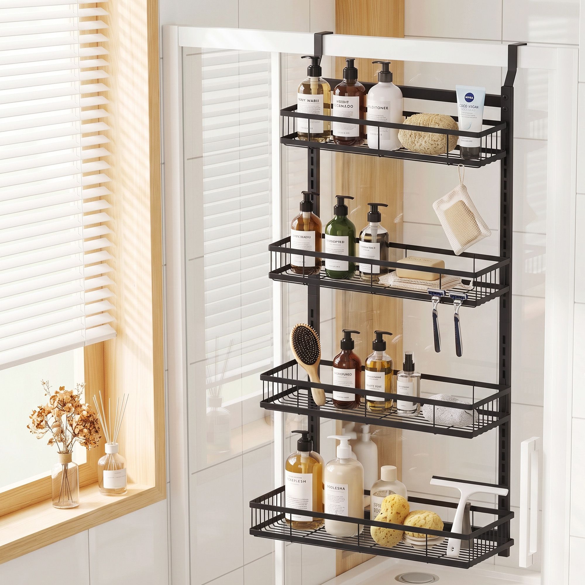 Over Door Bathroom Rack Hanging Organiser 4 Tier No Drill 91cm Black