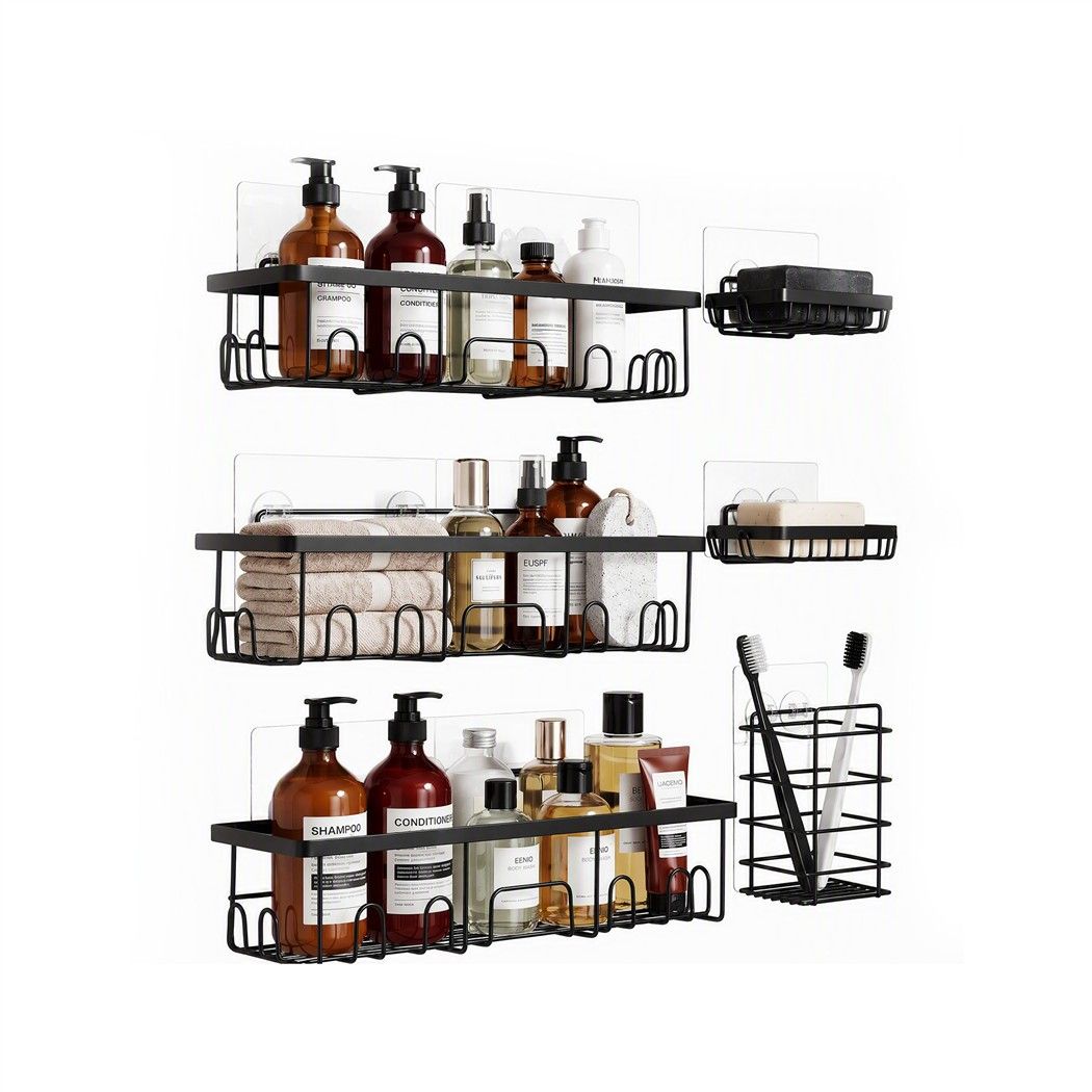 Shower Caddy 6 Pack Metal Bathroom Organiser Rust Resistant - Black