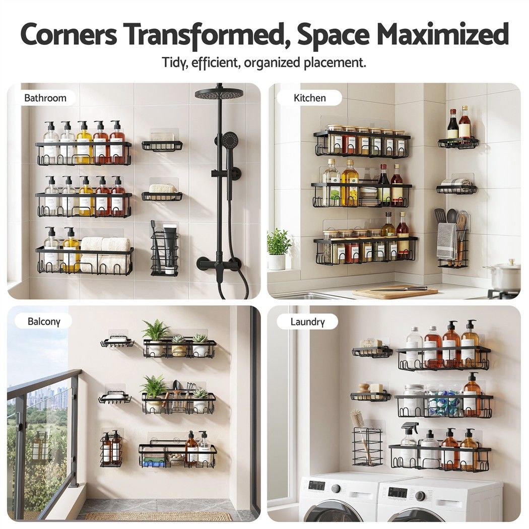 Shower Caddy 6 Pack Metal Bathroom Organiser Rust Resistant - Black