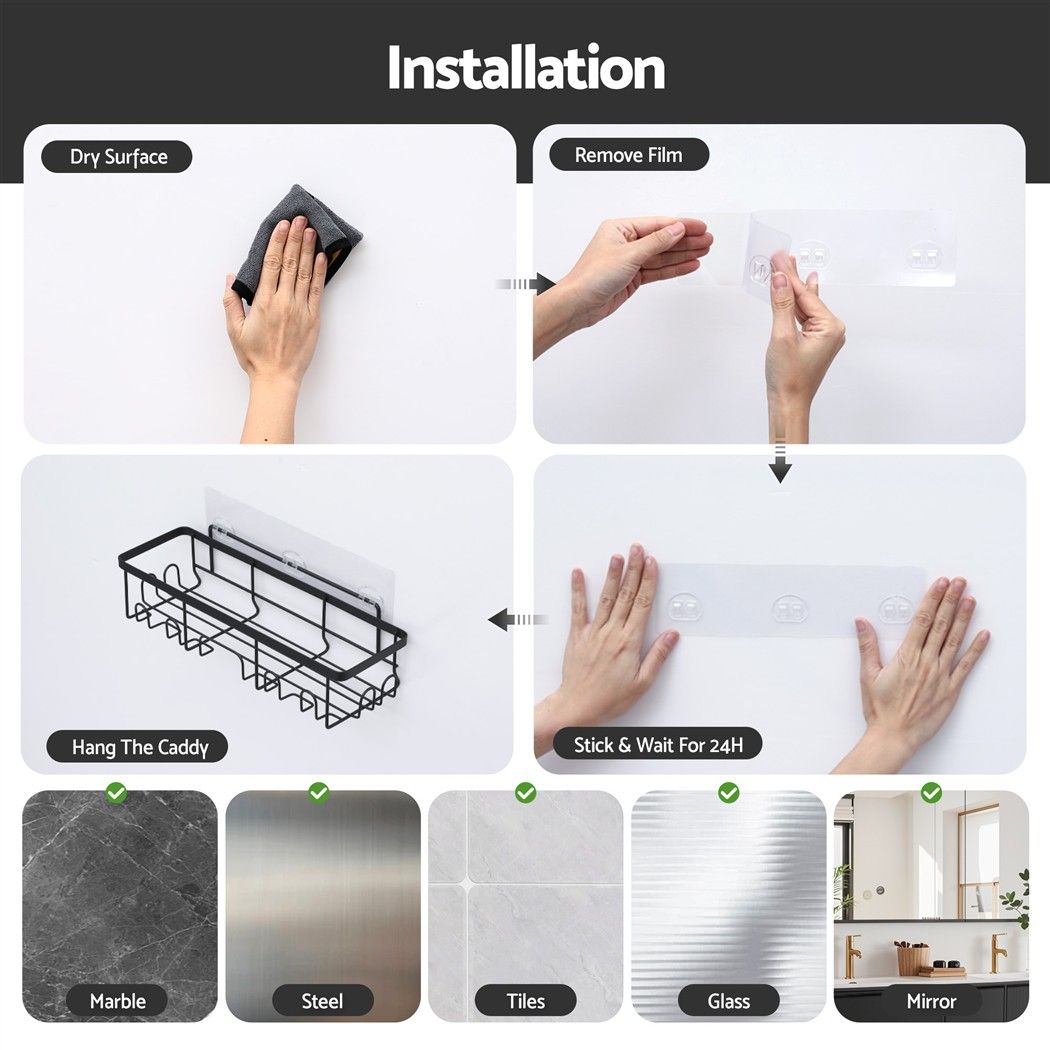 Shower Caddy 6 Pack Metal Bathroom Organiser Rust Resistant - Black