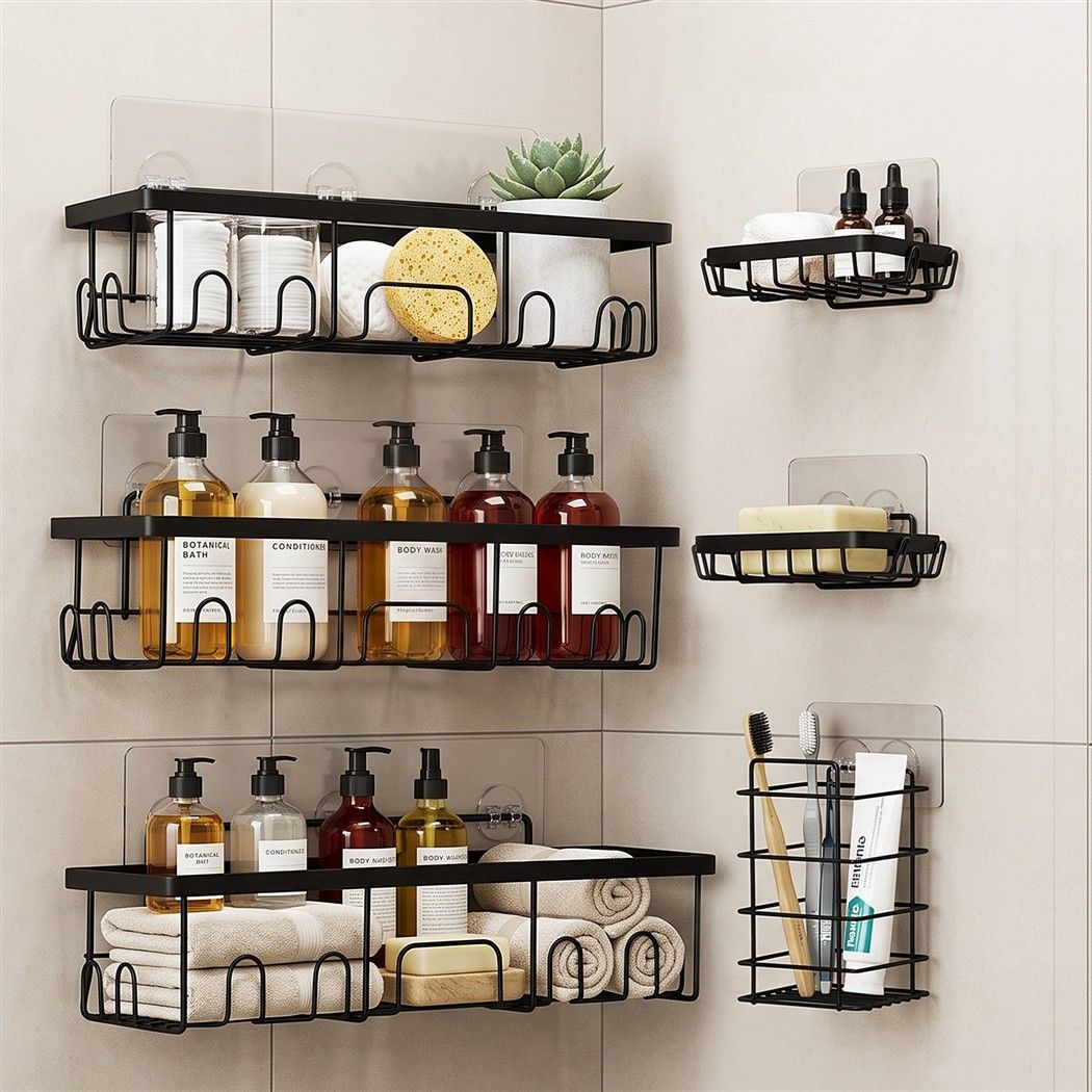 Shower Caddy 6 Pack Metal Bathroom Organiser Rust Resistant - Black