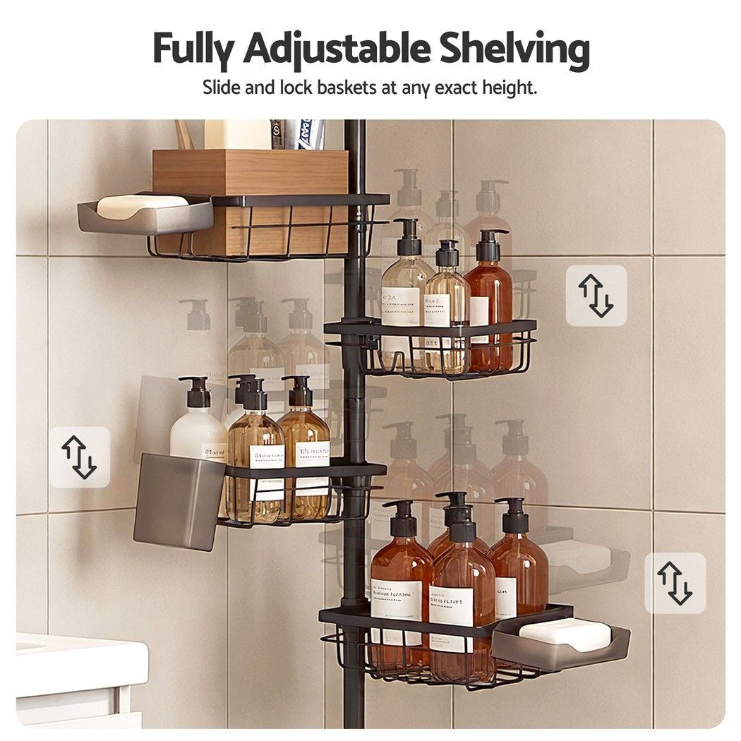Tension Pole 6-Tier Corner Shower Caddy with Adjustable Baskets - Black