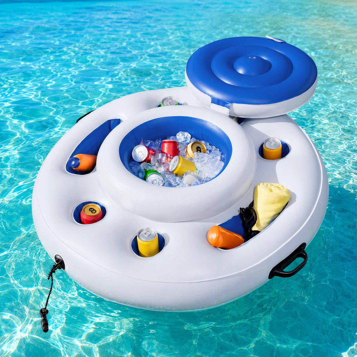 Inflatable Floating Cooler with 5 Cup Holders for Pool, Holds 24 Cans