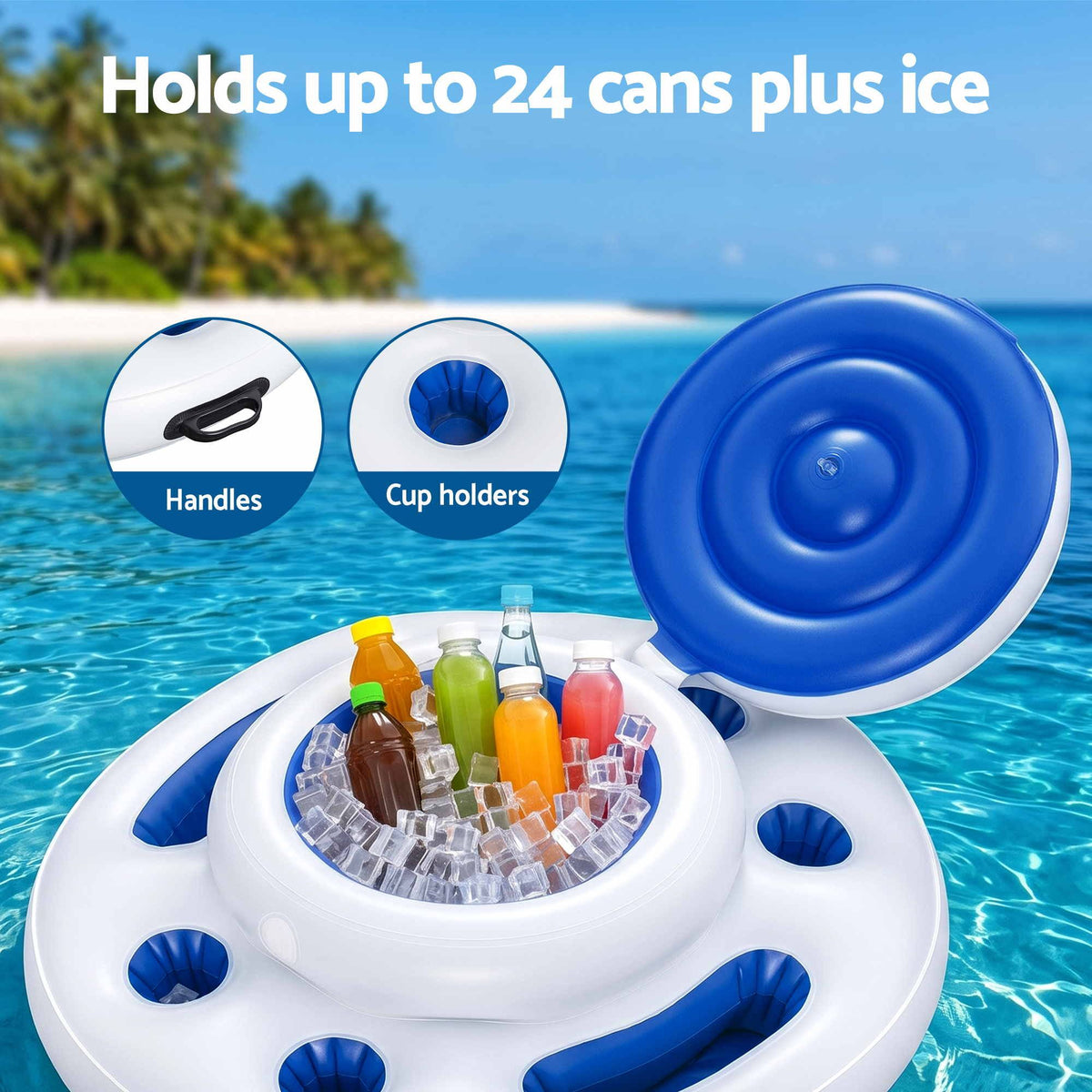 Inflatable Floating Cooler with 5 Cup Holders for Pool, Holds 24 Cans