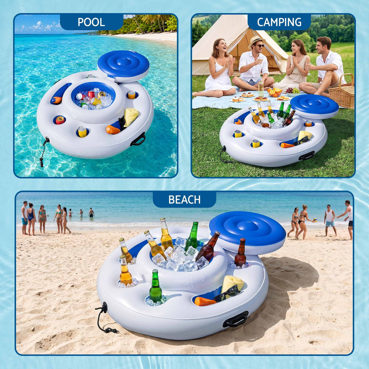 Inflatable Floating Cooler with 5 Cup Holders for Pool, Holds 24 Cans