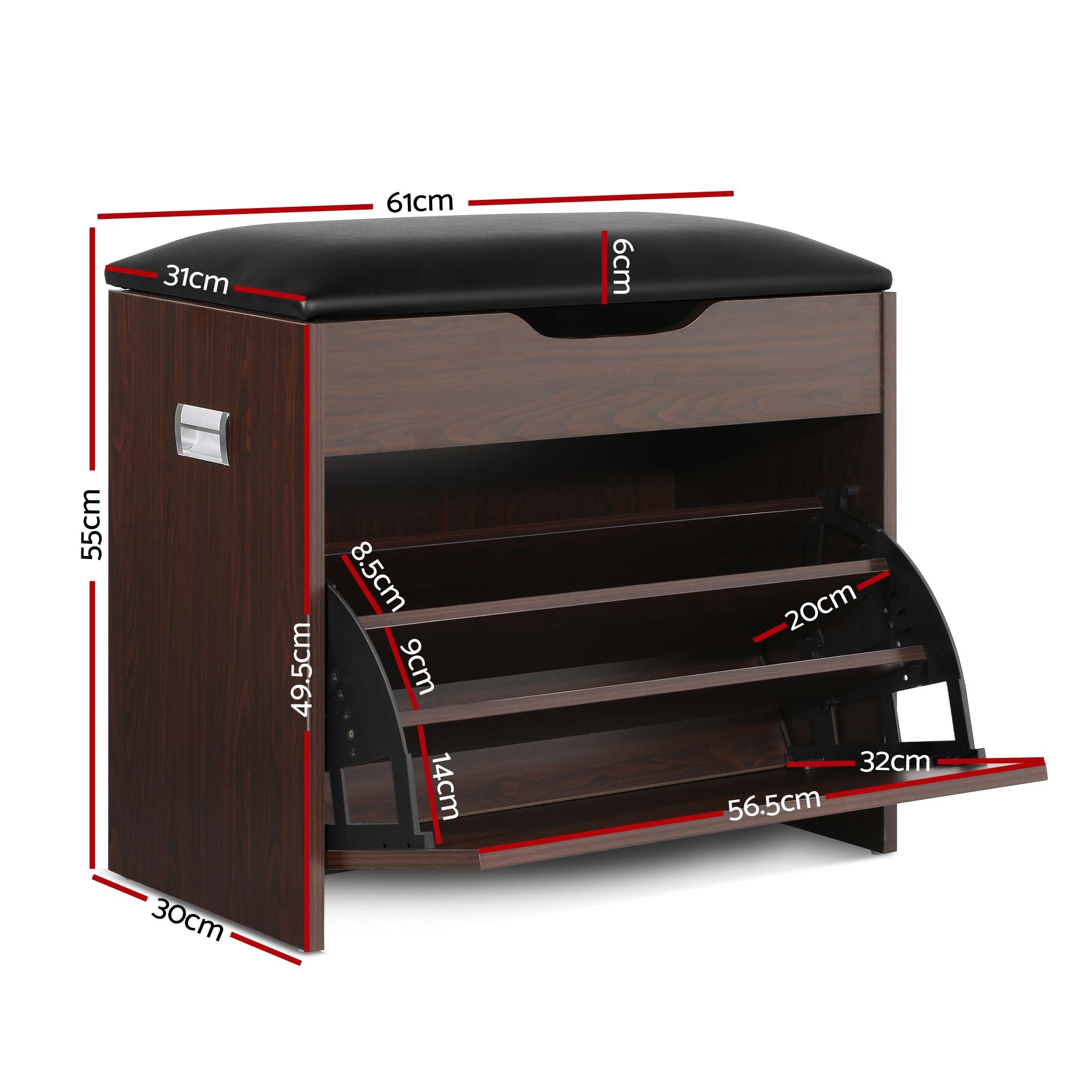 2x Shoe Bench Set Flip Drawer Walnut