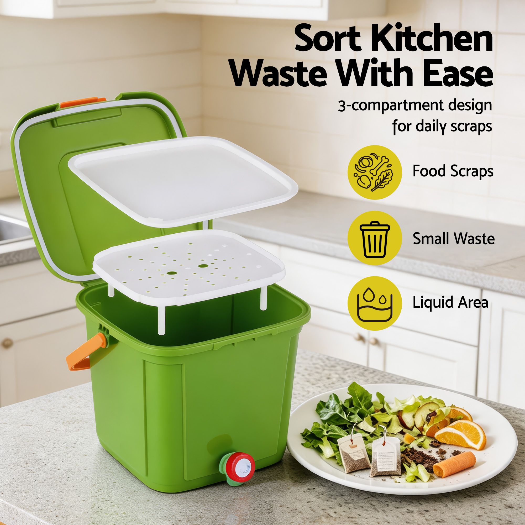15L Kitchen Compost Bin with Drain Tap and 3-Compartment Sorting - Green