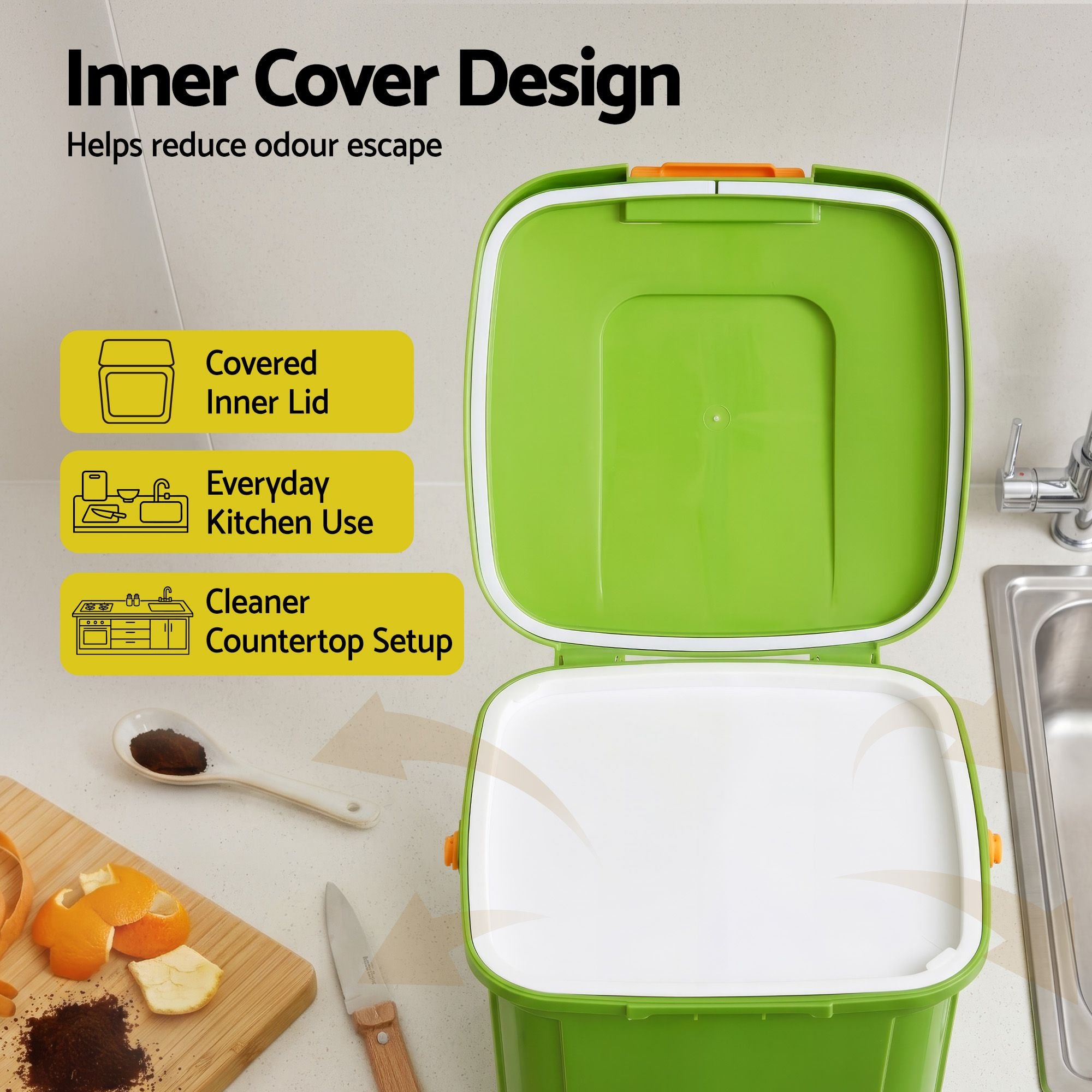 15L Kitchen Compost Bin with Drain Tap and 3-Compartment Sorting - Green