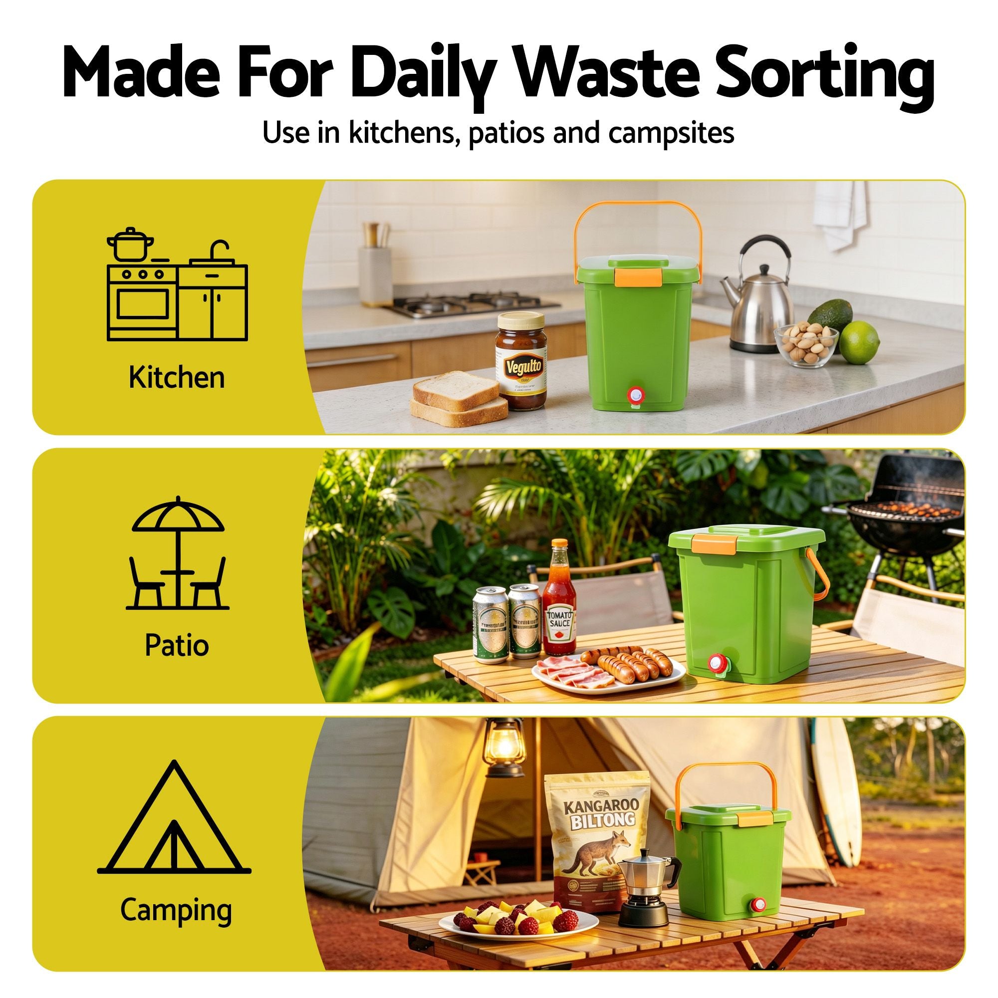 15L Kitchen Compost Bin with Drain Tap and 3-Compartment Sorting - Green