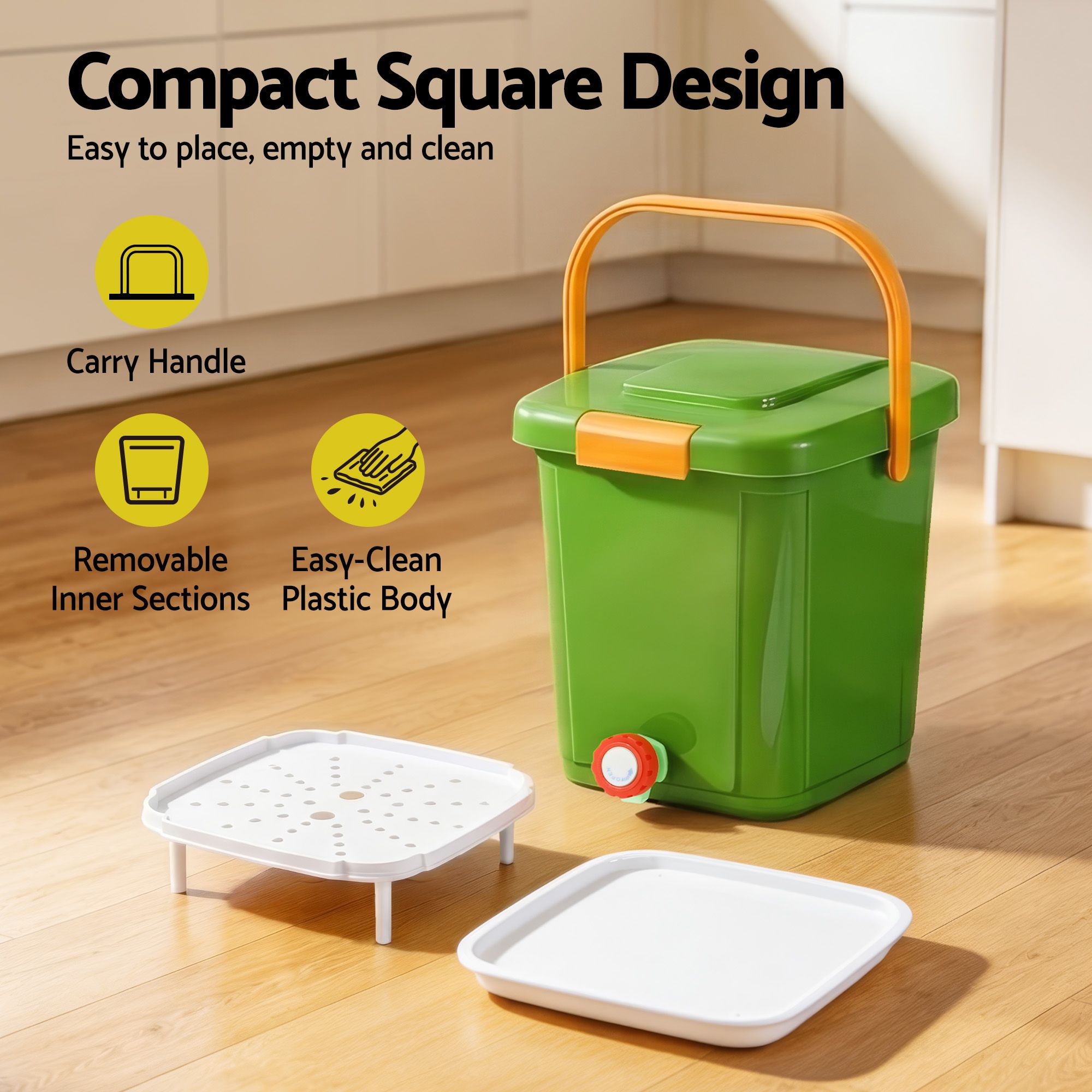 15L Kitchen Compost Bin with Drain Tap and 3-Compartment Sorting - Green