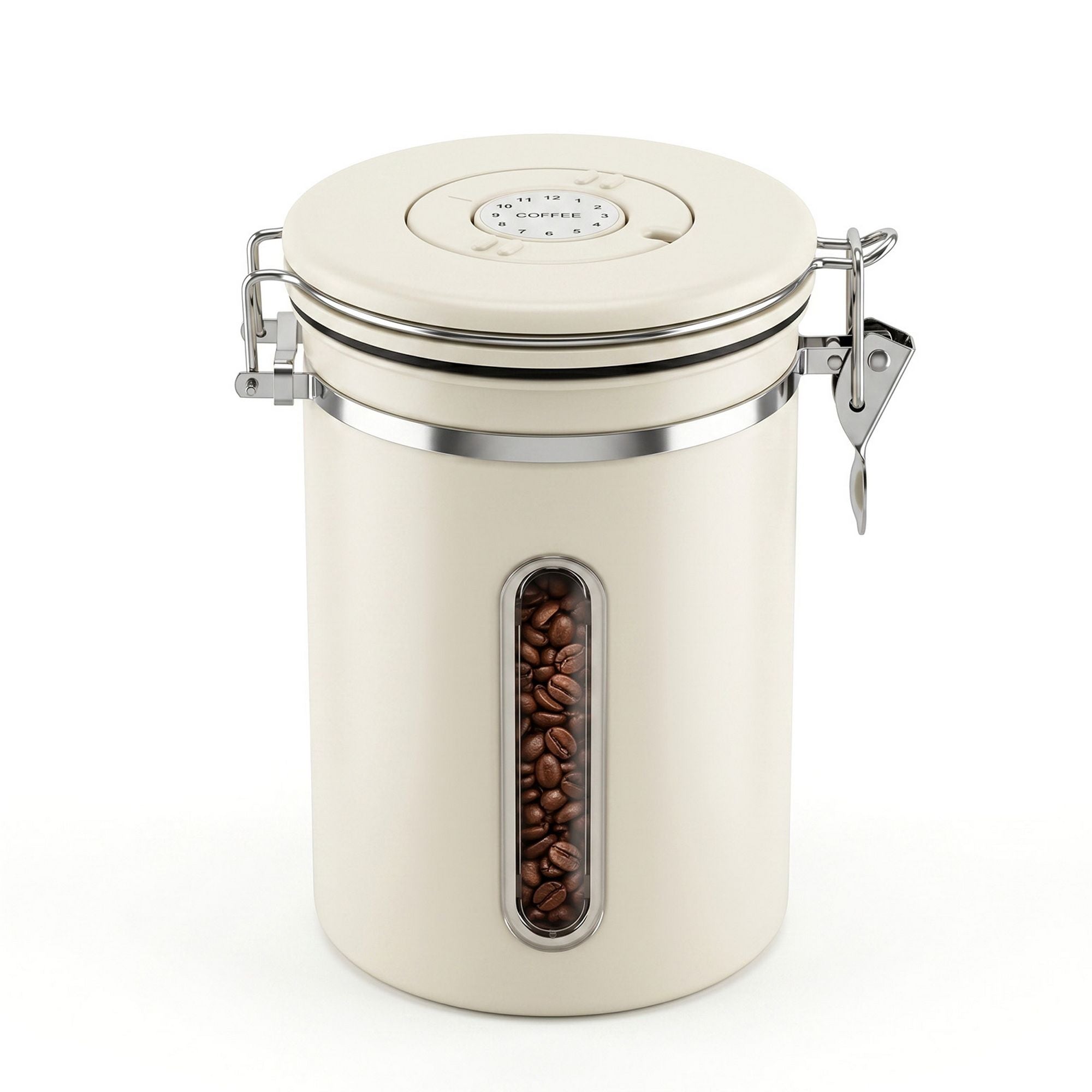 1.8L Stainless Steel Coffee Bean Storage Container with Date Tracker & Scoop - Beige