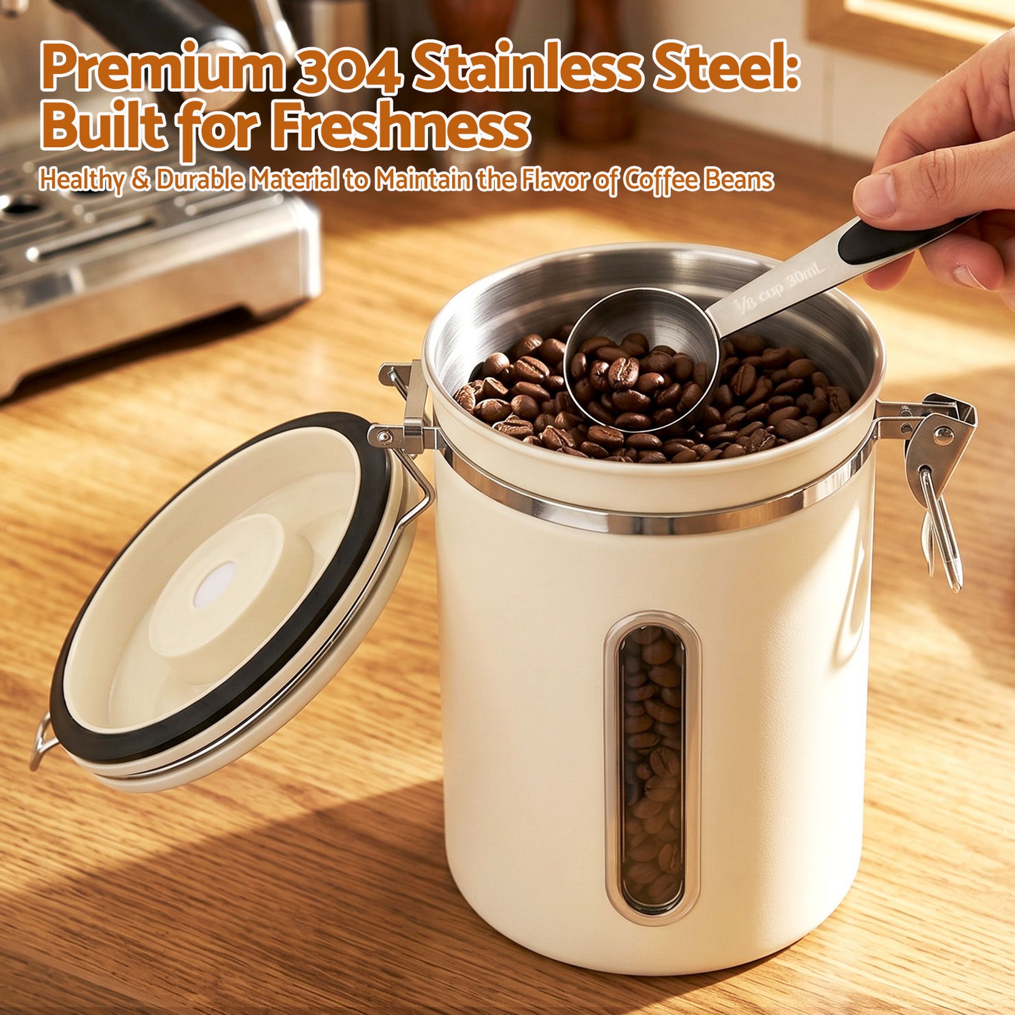 1.8L Stainless Steel Coffee Bean Storage Container with Date Tracker & Scoop - Beige