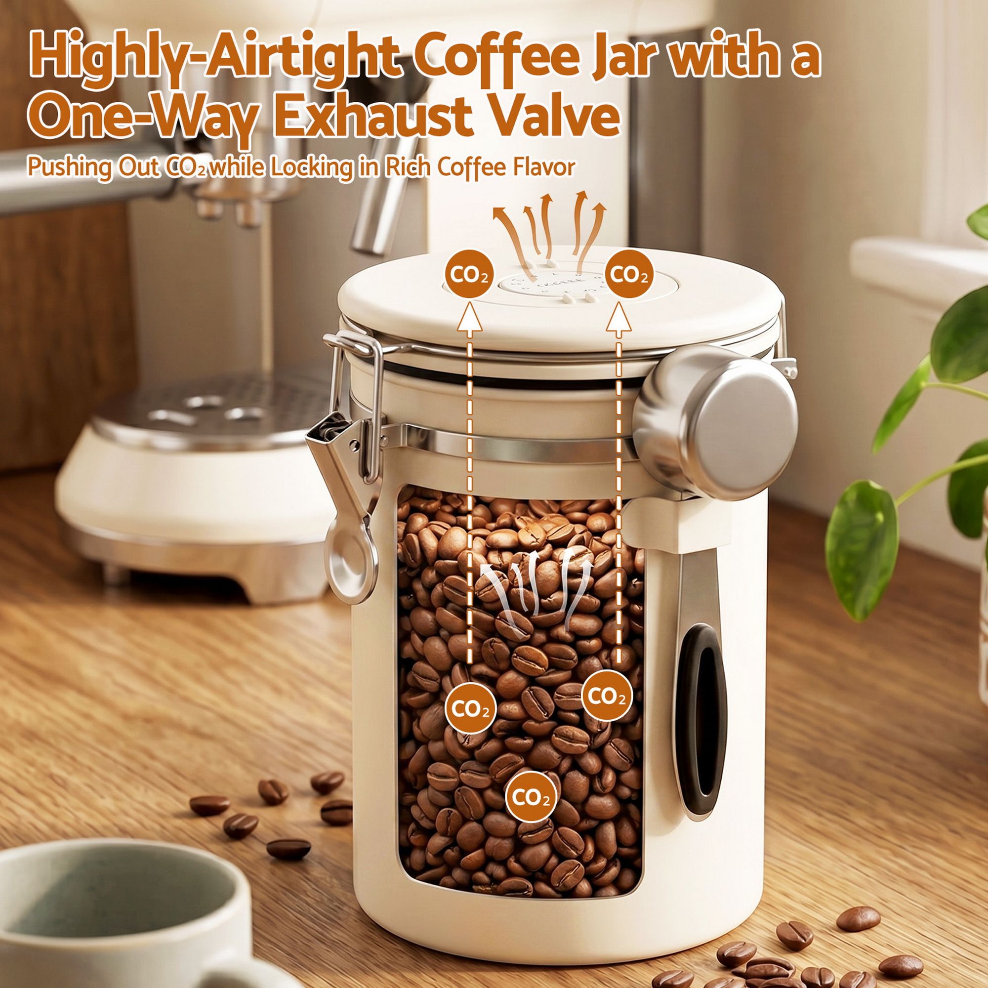 1.8L Stainless Steel Coffee Bean Storage Container with Date Tracker & Scoop - Beige
