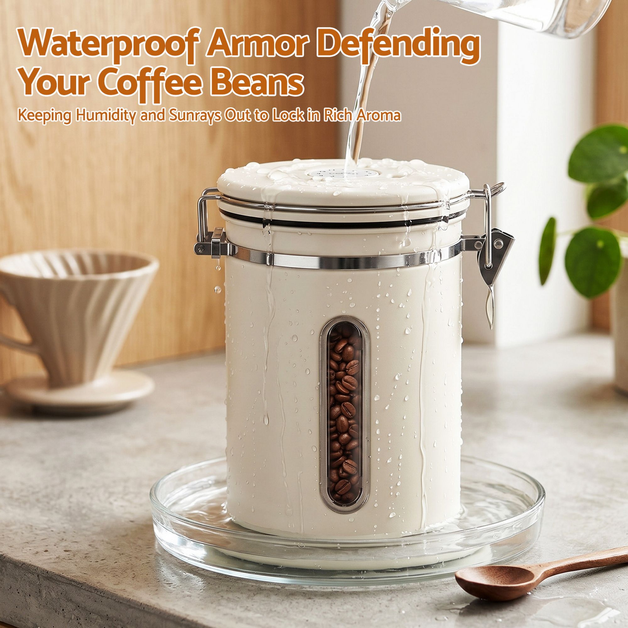 1.8L Stainless Steel Coffee Bean Storage Container with Date Tracker & Scoop - Beige