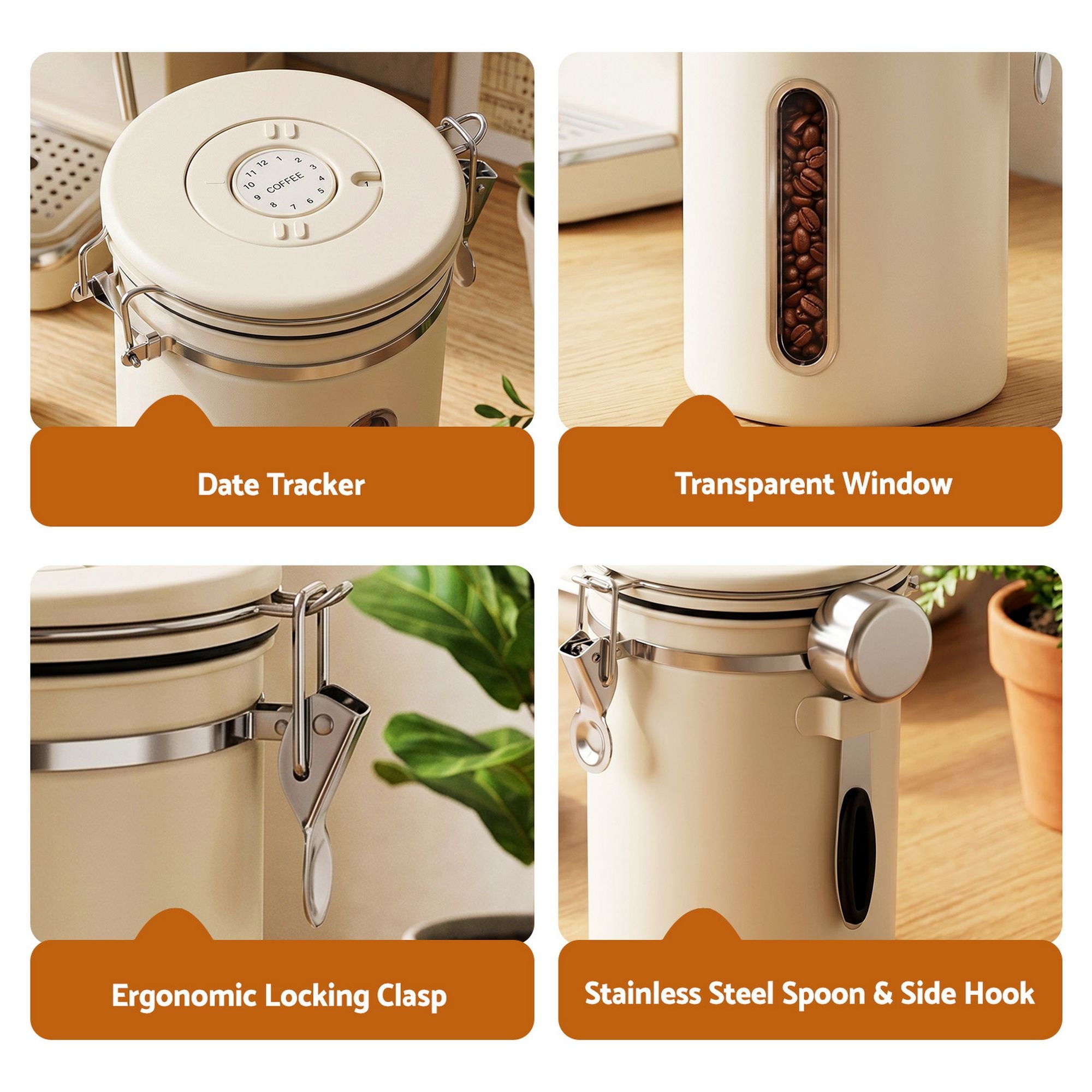 1.8L Stainless Steel Coffee Bean Storage Container with Date Tracker & Scoop - Beige