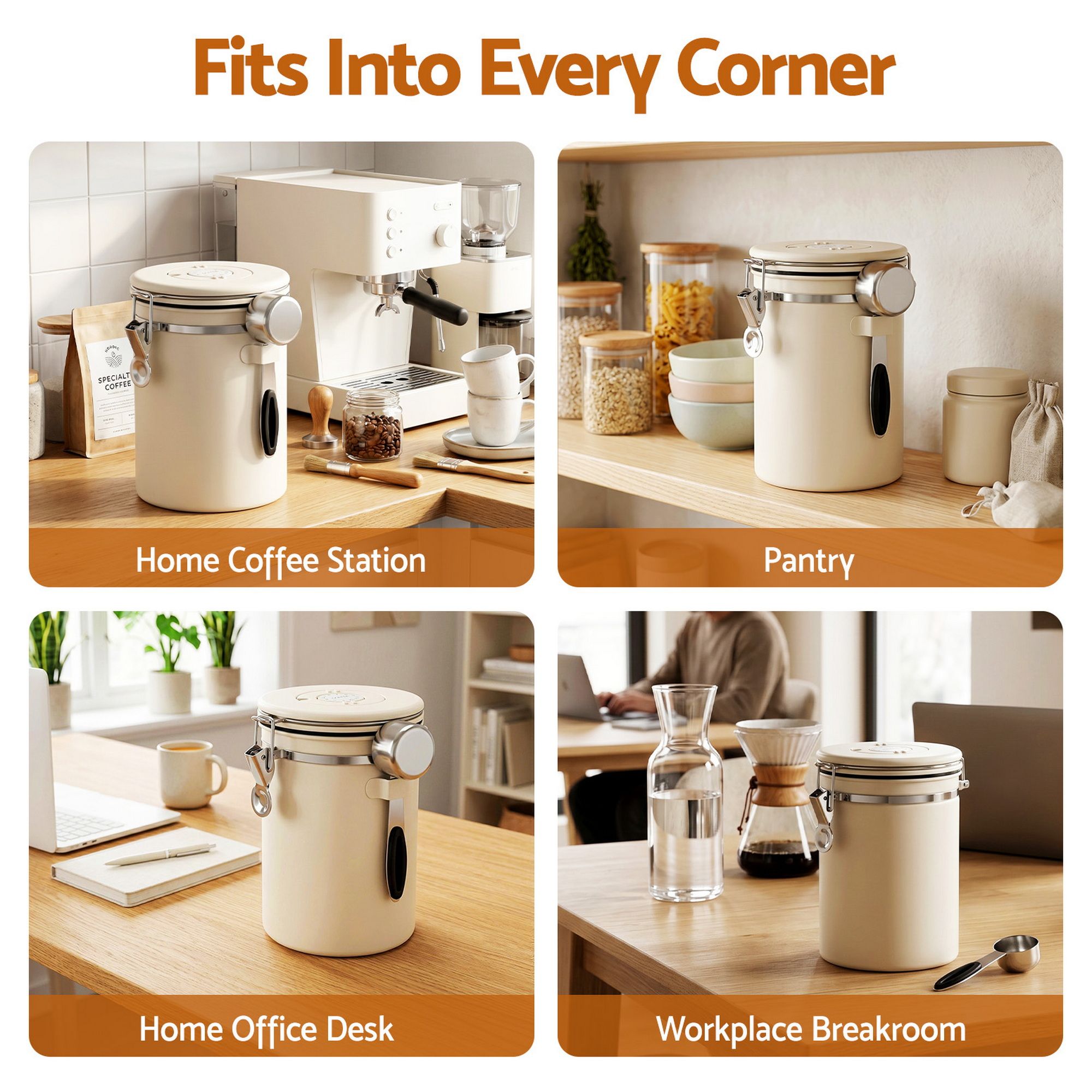 1.8L Stainless Steel Coffee Bean Storage Container with Date Tracker & Scoop - Beige
