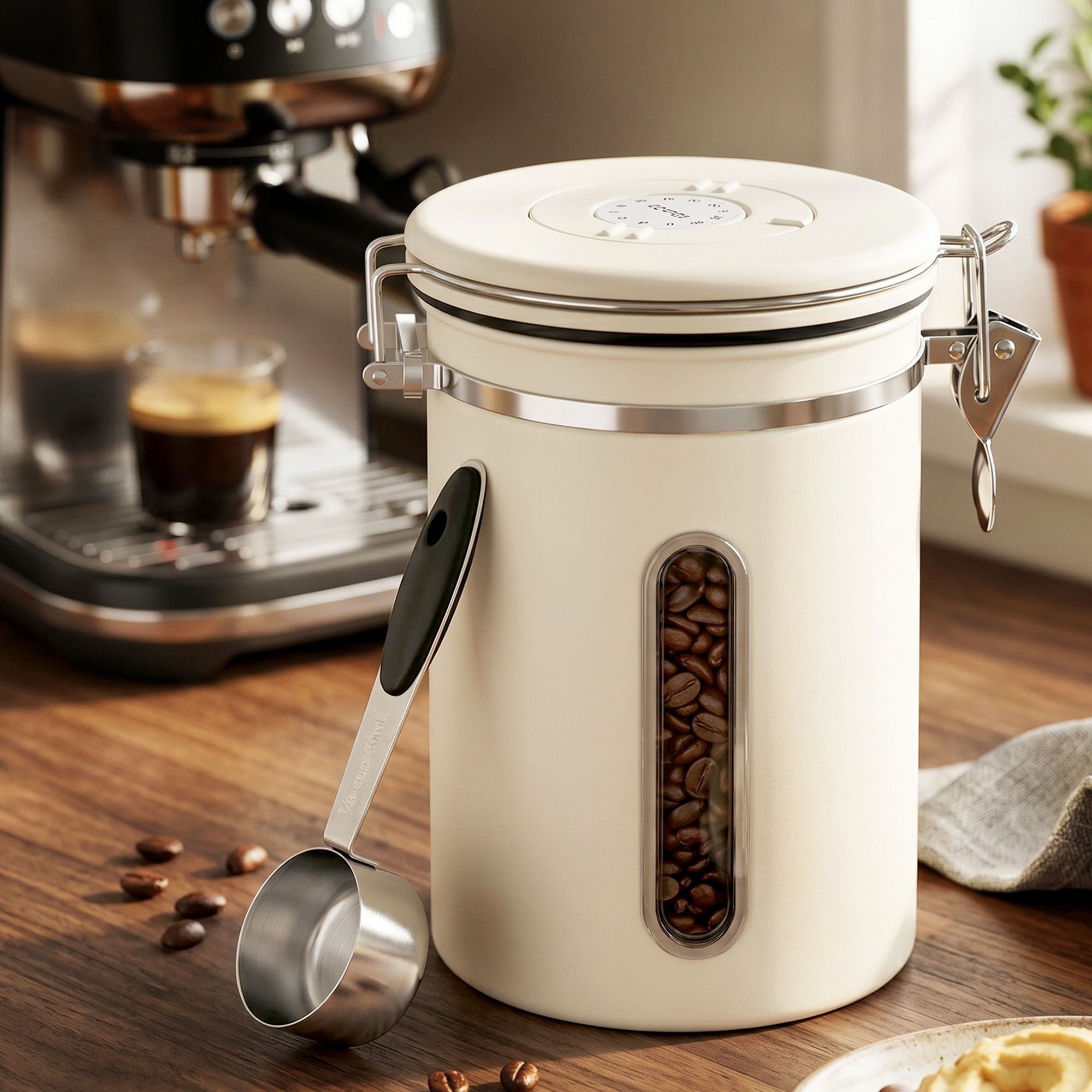 1.8L Stainless Steel Coffee Bean Storage Container with Date Tracker & Scoop - Beige