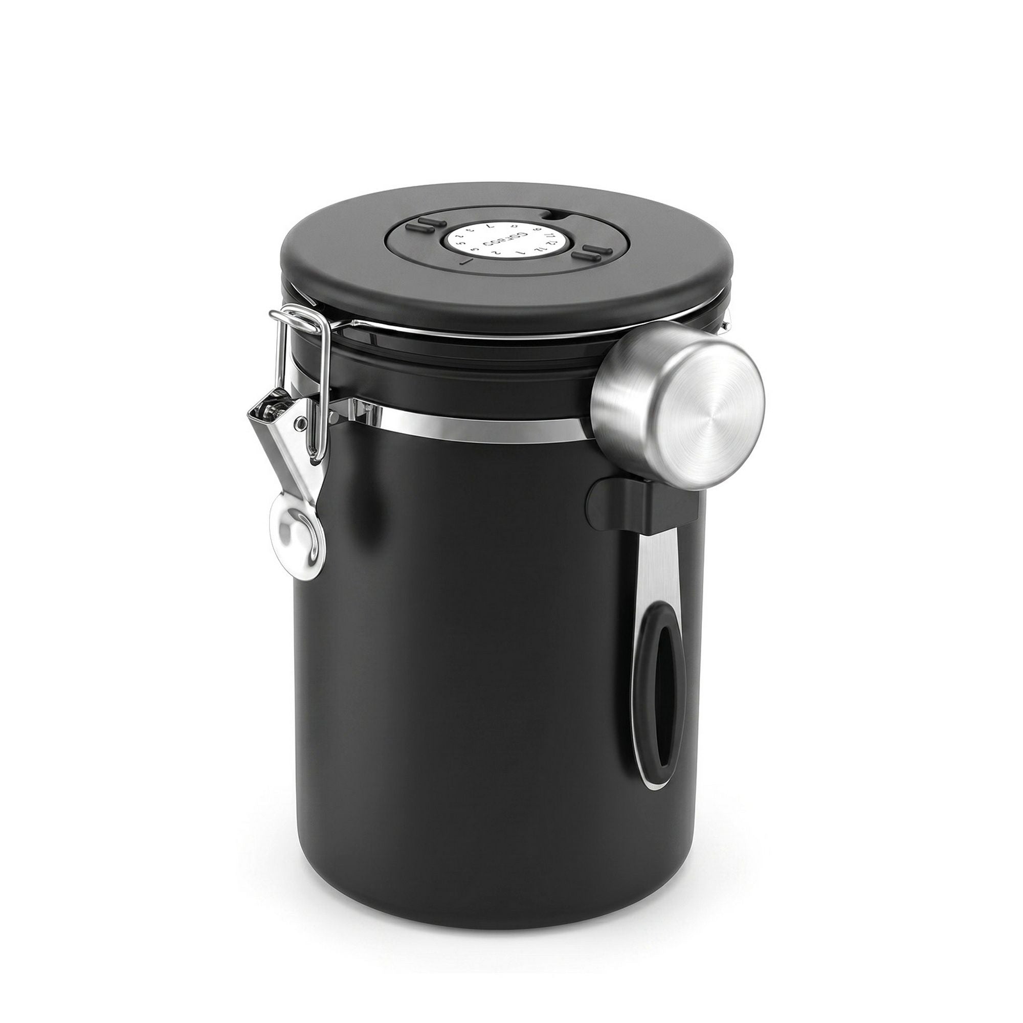 1.8L Stainless Steel Coffee Bean Storage Container with Date Tracker and Scoop - Black