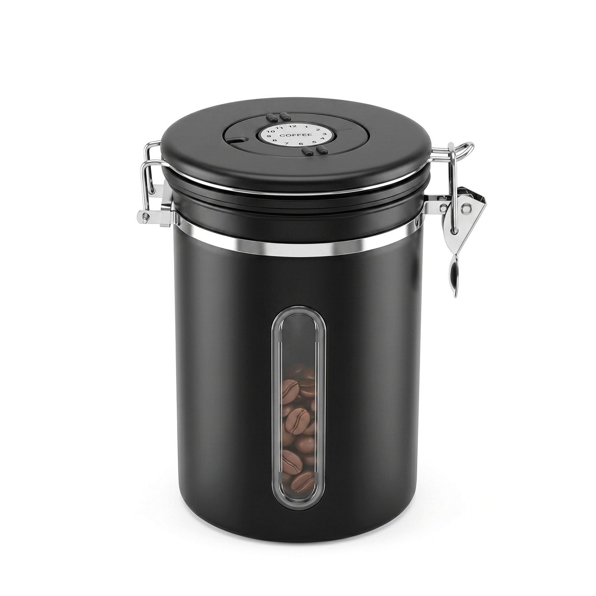 1.8L Stainless Steel Coffee Bean Storage Container with Date Tracker and Scoop - Black